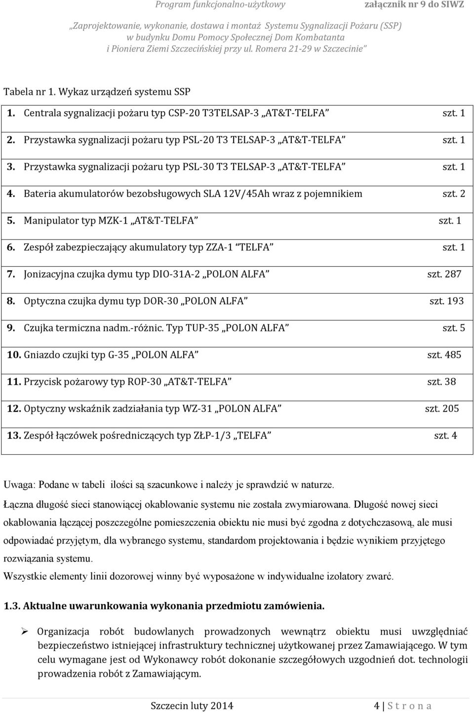 Zespół zabezpieczający akumulatory typ ZZA-1 TELFA szt. 1 7. Jonizacyjna czujka dymu typ DIO-31A-2 POLON ALFA szt. 287 8. Optyczna czujka dymu typ DOR-30 POLON ALFA szt. 193 9. Czujka termiczna nadm.