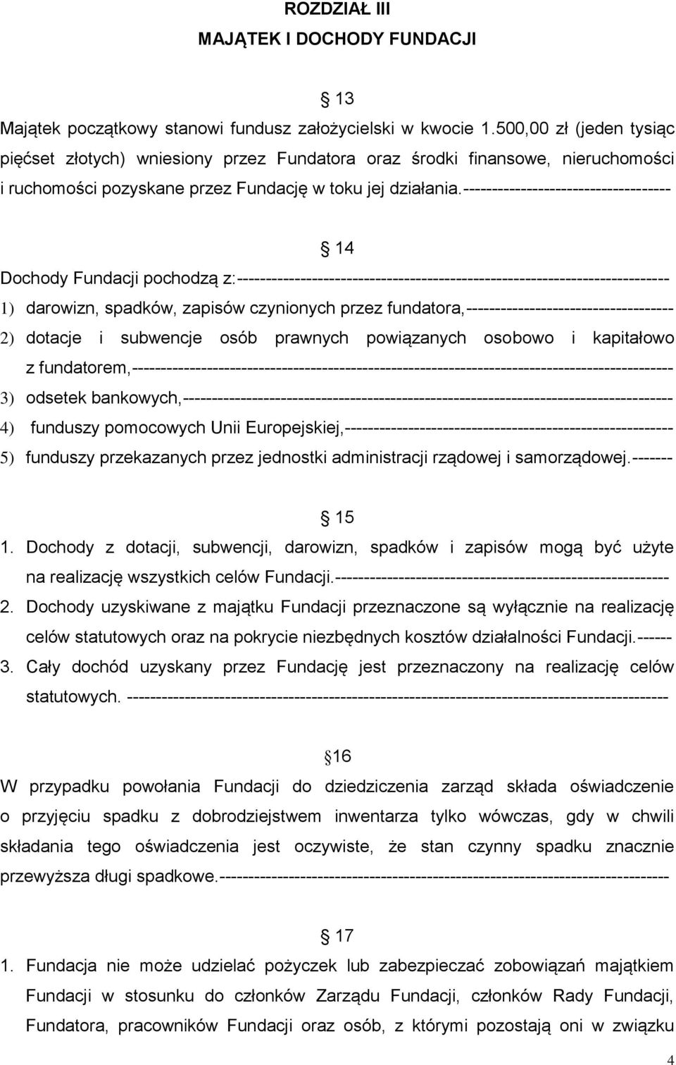 ------------------------------------ 14 Dochody Fundacji pochodzą z:--------------------------------------------------------------------------- 1) darowizn, spadków, zapisów czynionych przez