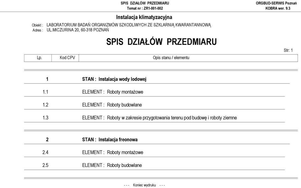 Kod CPV Opis stanu / elementu Str: 1 1 STAN : Instalacja wody lodowej 1.1 ELEMENT : Roboty montaŝowe 1.