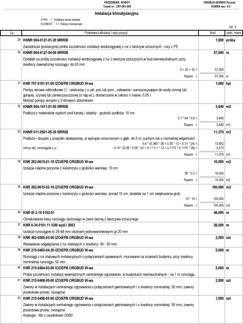 1. Roboty montaŝowe 29 KNNR 004-0127-01-20 MRRiB 1,000 próba Zasadnicza (pulsacyjna) próba szczelności instalacji wodociągowej z rur z tworzyw sztucznych - rury z PE 30 KNNR 004-0127-04-00 MRRiB