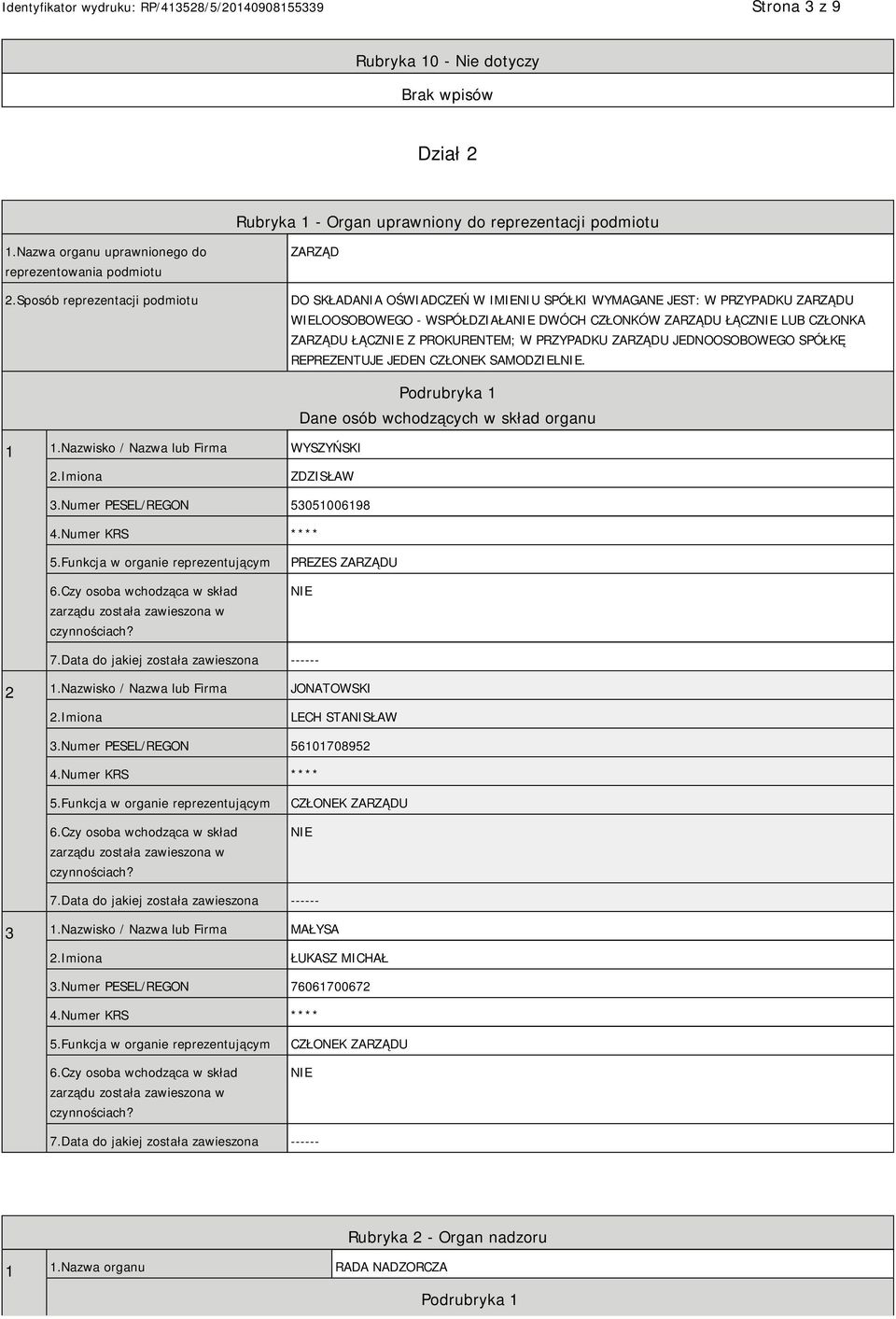 PROKURENTEM; W PRZYPADKU ZARZĄDU JEDNOOSOBOWEGO SPÓŁKĘ REPREZENTUJE JEDEN CZŁONEK SAMODZIEL. 1 1.Nazwisko / Nazwa lub Firma WYSZYŃSKI Podrubryka 1 Dane osób wchodzących w skład organu ZDZISŁAW 3.