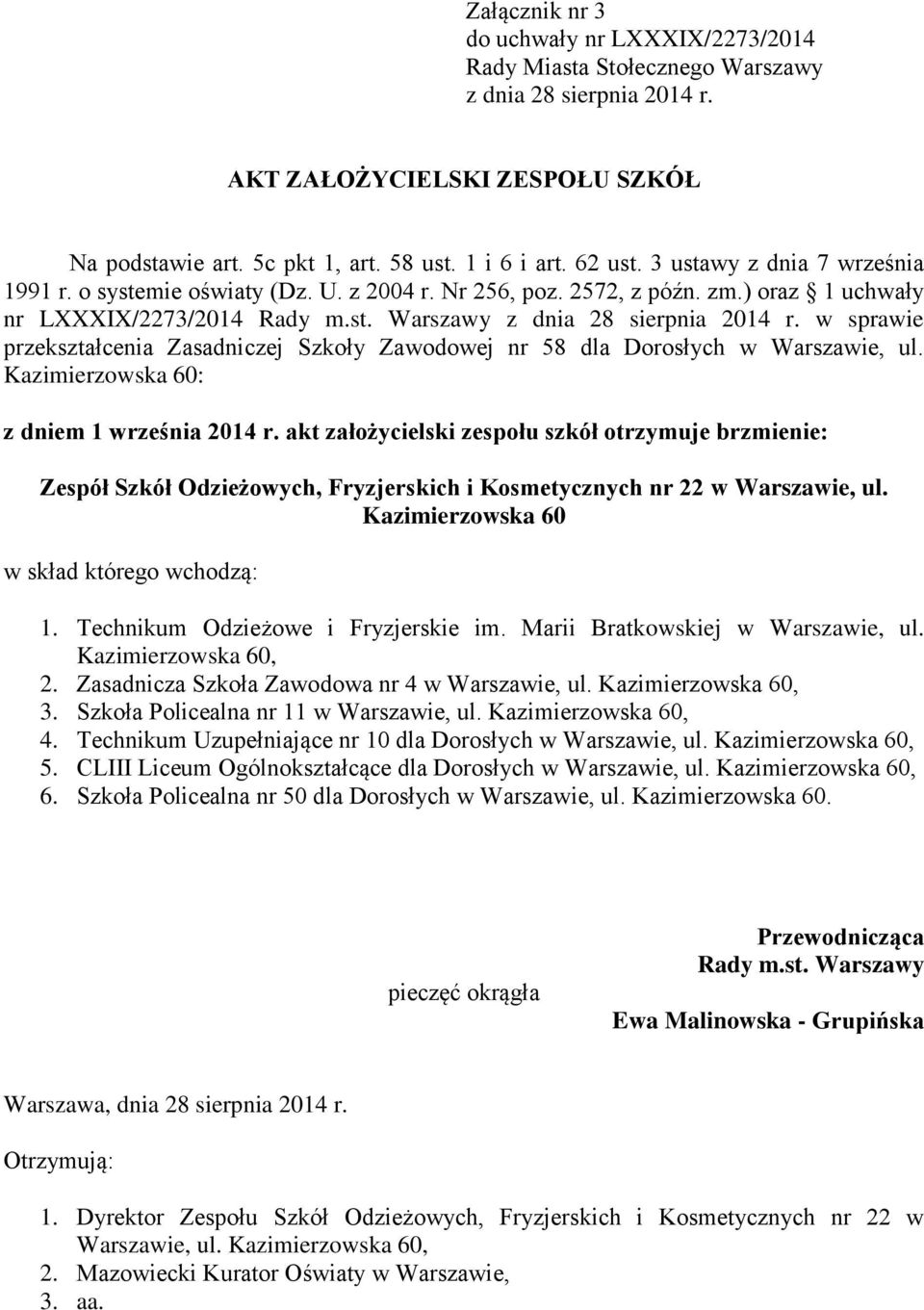 w sprawie przekształcenia Zasadniczej Szkoły Zawodowej nr 58 dla Dorosłych w Warszawie, ul. Kazimierzowska 60: z dniem 1 września 2014 r.