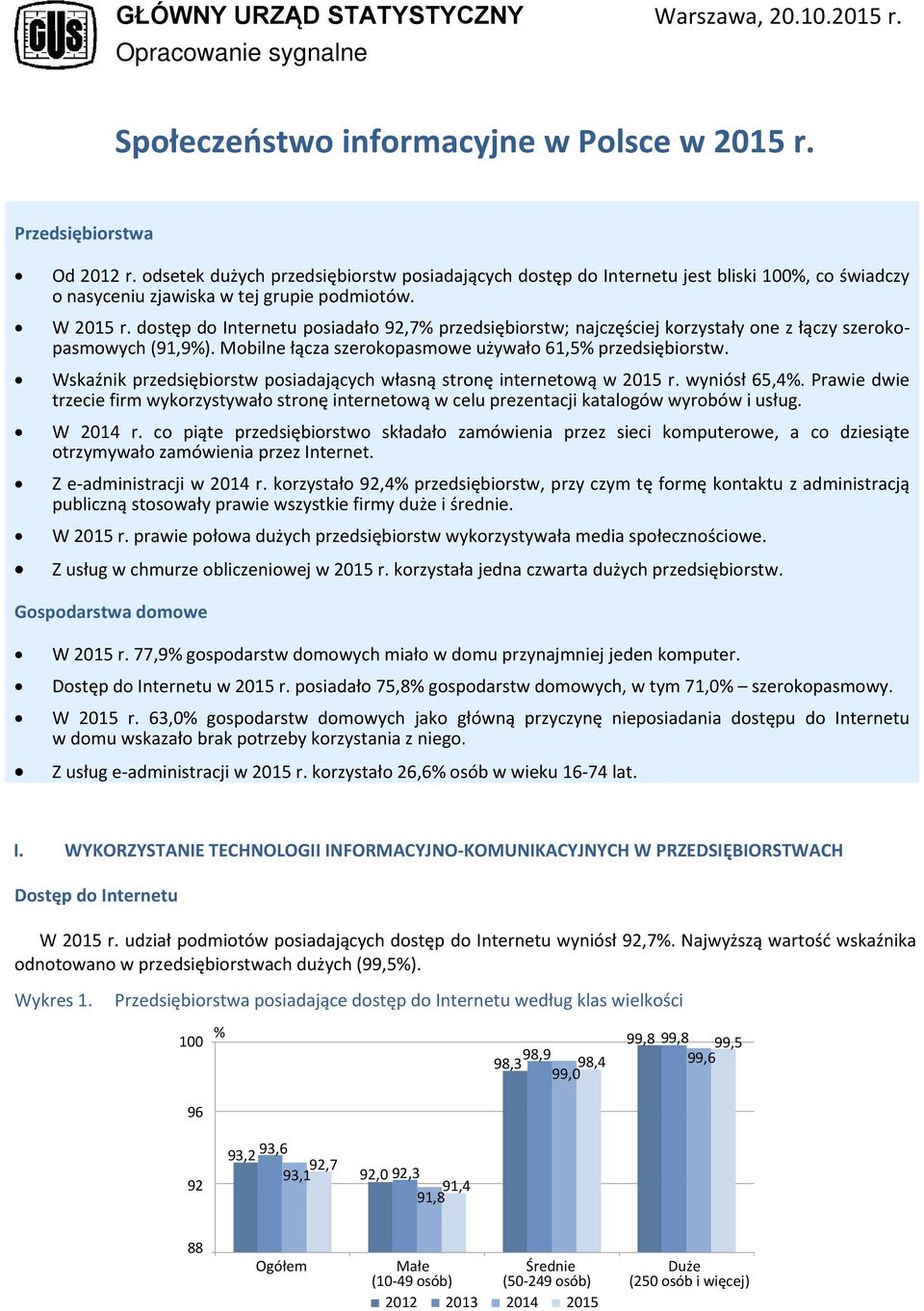 dostęp do Internetu posiadało 92,7% przedsiębiorstw; najczęściej korzystały one z łączy szerokopasmowych (91,9%). Mobilne łącza szerokopasmowe używało 61,5% przedsiębiorstw.