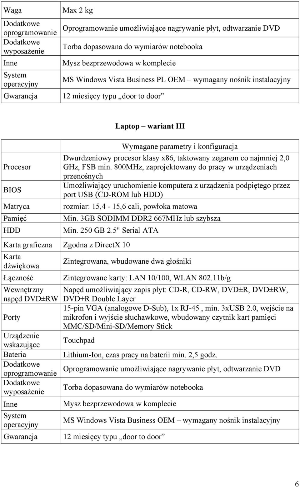 procesor klasy x86, taktowany zegarem co najmniej 2,0 GHz, FSB min.