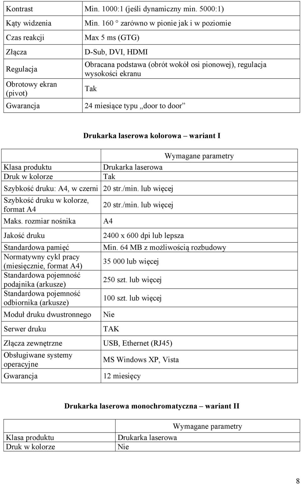 kolorze Drukarka laserowa kolorowa wariant I Drukarka laserowa Tak Szybkość druku: A4, w czerni 20 str./min. lub więcej Szybkość druku w kolorze, format A4 Maks.