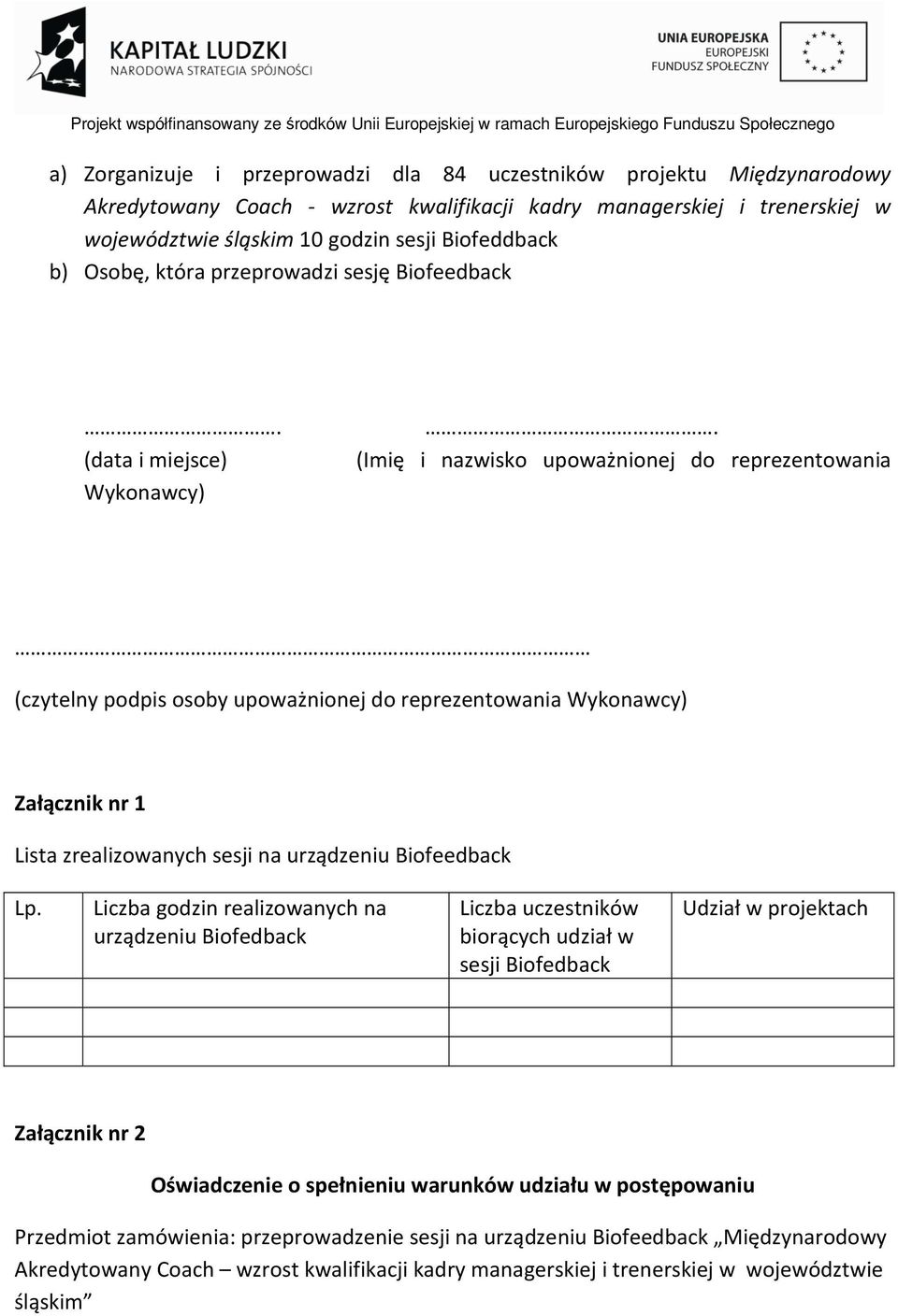 (Imię i nazwisko upoważnionej do reprezentowania (czytelny podpis osoby upoważnionej do reprezentowania Wykonawcy) Załącznik nr 1 Lista zrealizowanych sesji na urządzeniu Biofeedback Lp.