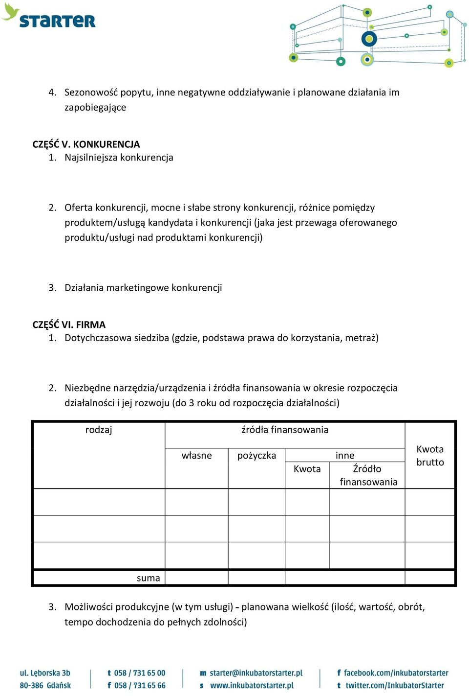 Działania marketingowe konkurencji CZĘŚĆ VI. FIRMA 1. Dotychczasowa siedziba (gdzie, podstawa prawa do korzystania, metraż) 2.