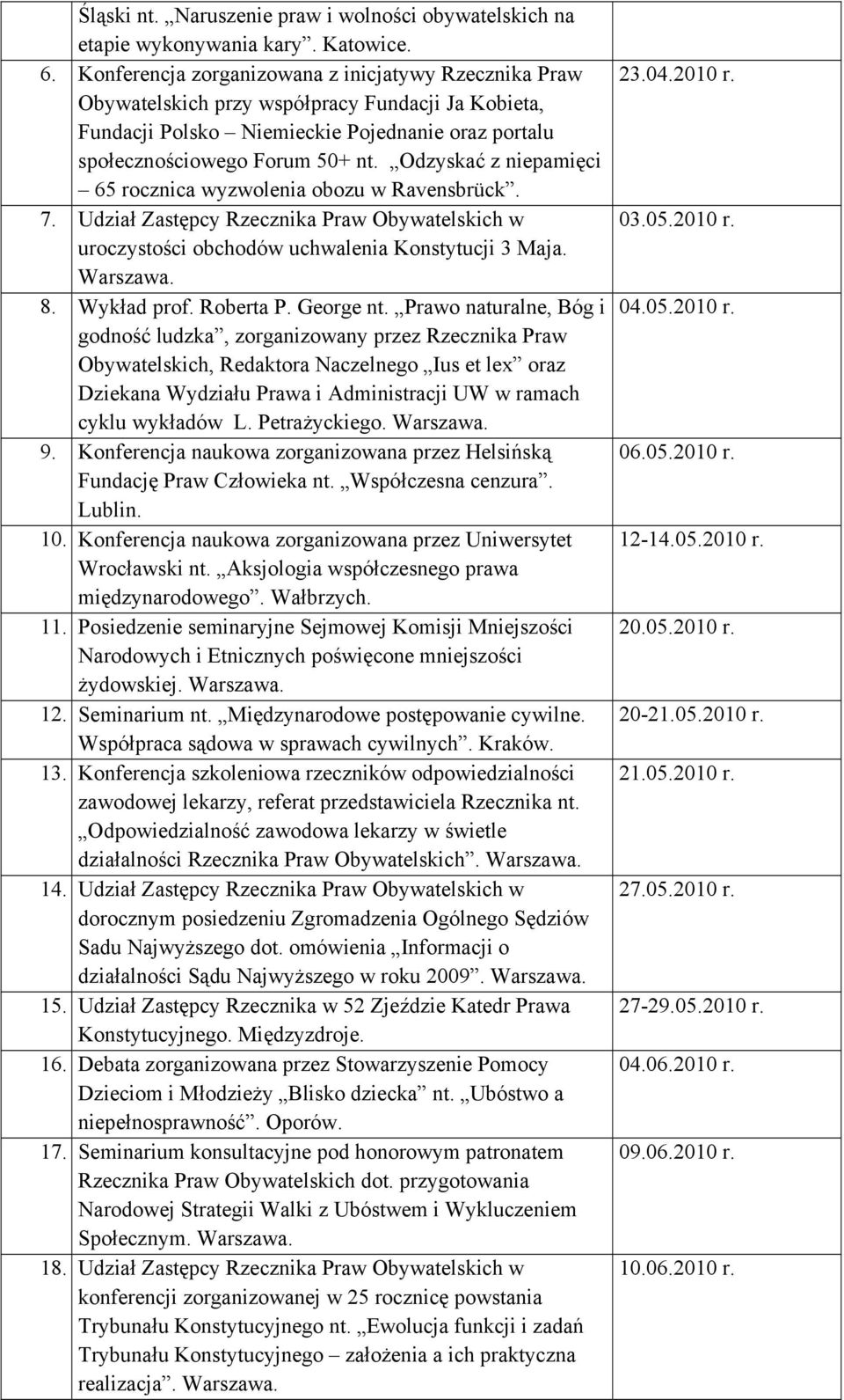 Odzyskać z niepamięci 65 rocznica wyzwolenia obozu w Ravensbrück. 7. Udział Zastępcy Rzecznika Praw Obywatelskich w uroczystości obchodów uchwalenia Konstytucji 3 Maja. 8. Wykład prof. Roberta P.