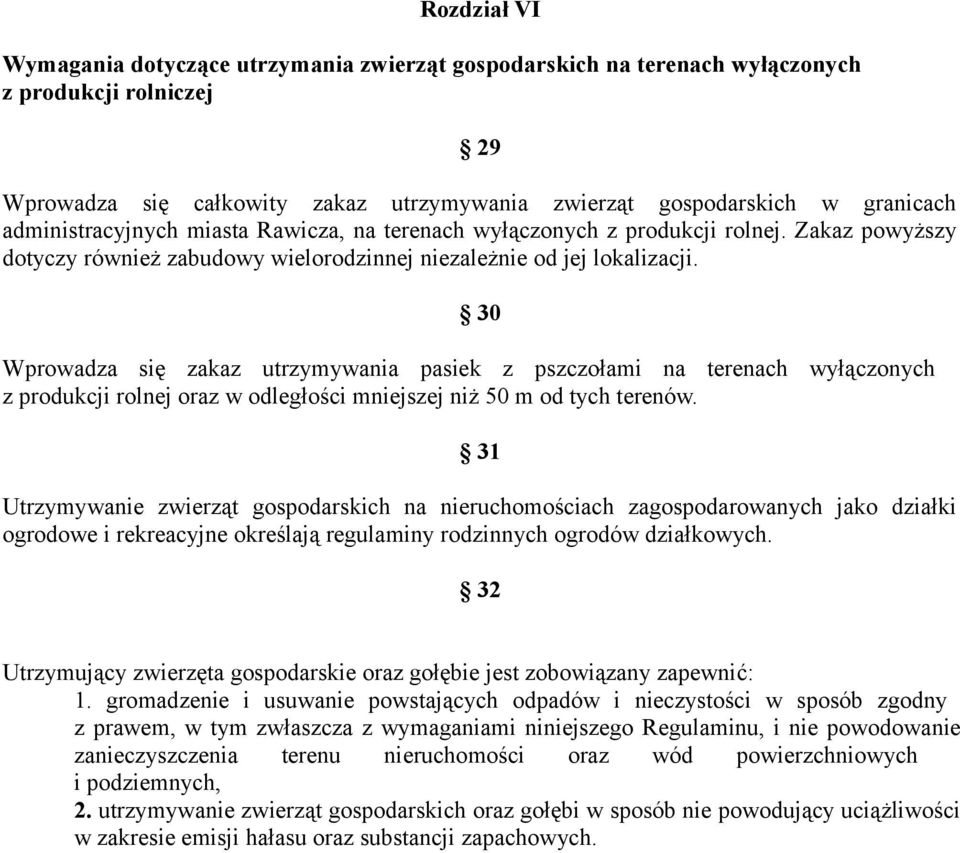 30 Wprowadza się zakaz utrzymywania pasiek z pszczołami na terenach wyłączonych z produkcji rolnej oraz w odległości mniejszej niż 50 m od tych terenów.