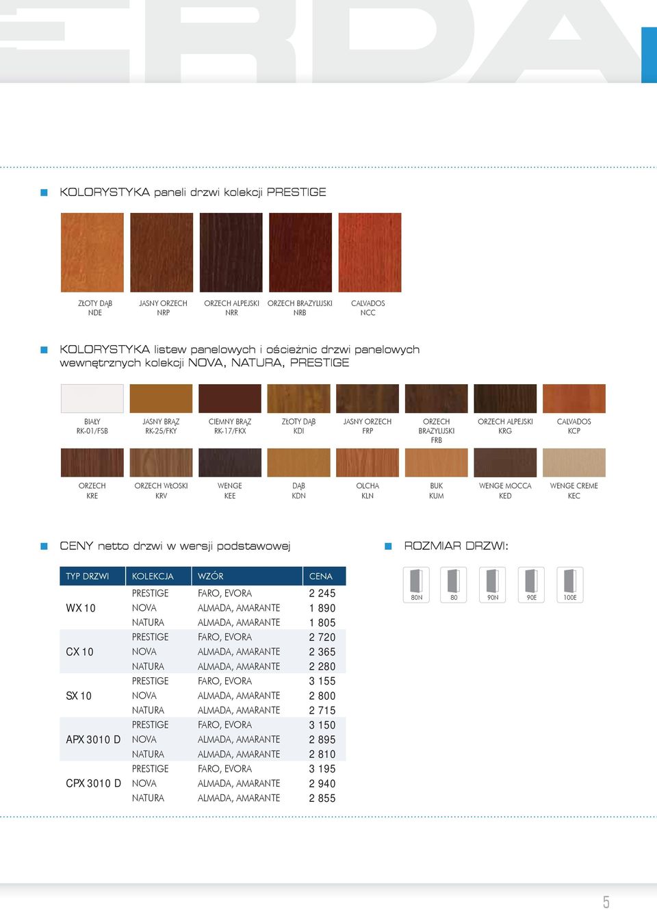 KRE ORZECH WŁOSKI KRV WENGE KEE DĄB KDN OLCHA KLN BUK KUM WENGE MOCCA KED WENGE CREME KEC CENY netto drzwi w wersji podstawowej ROZMIAR DRZWI: TYP DRZWI KOLEKCJA WZÓR CENA WX 10 CX 10 SX 10 APX 3010