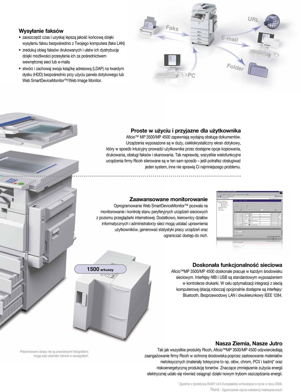 Web SmartDeviceMonitor /Web Image Monitor. Faks PC E-mail Folder Proste w użyciu i przyjazne dla użytkownika Aficio MP 3500/MP 4500 zapewniają wydajną obsługę dokumentów.