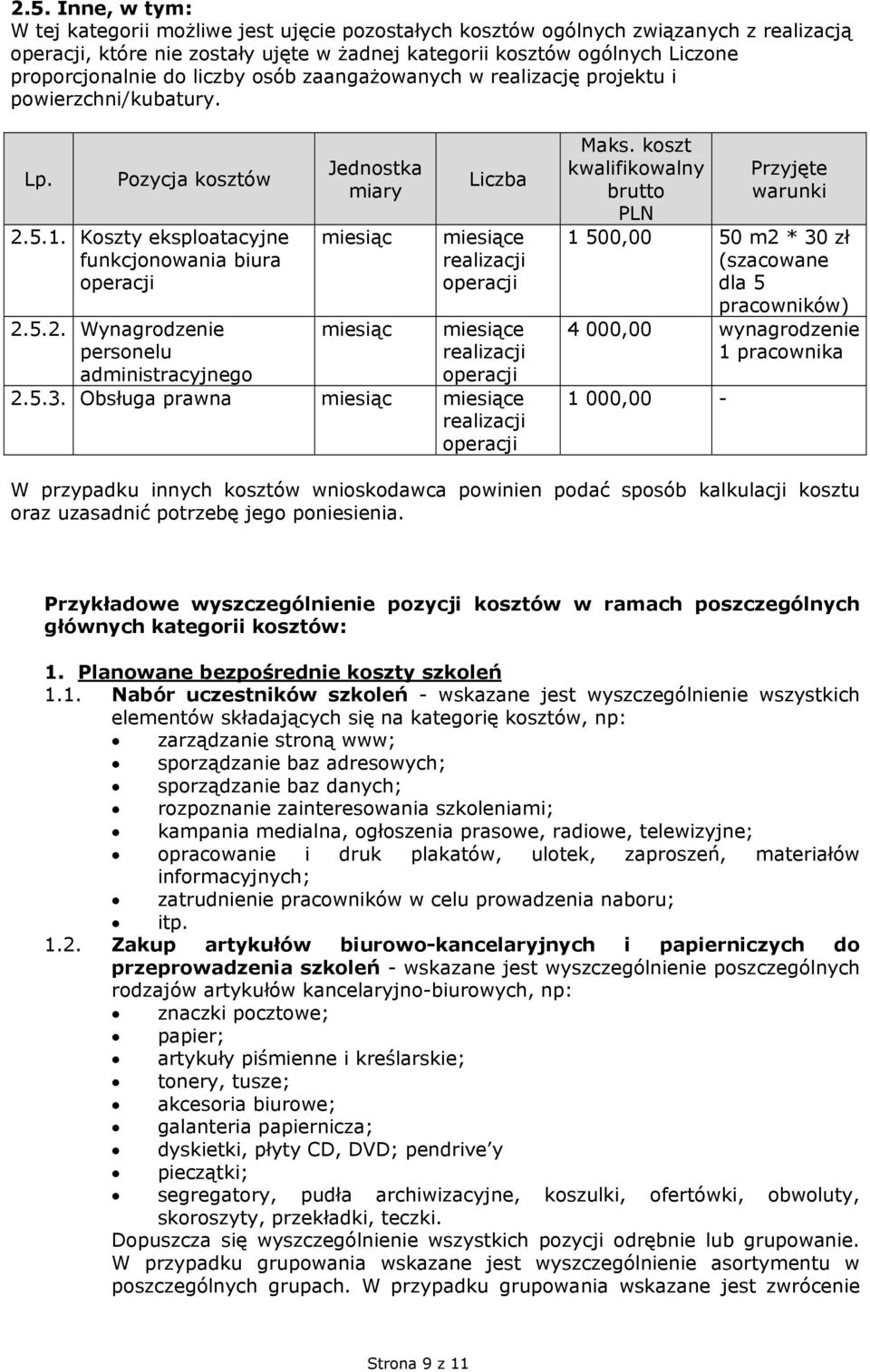 Obsługa prawna Przyjęte warunki 1 500,00 50 m2 * 30 zł (szacowane dla 5 pracowników) 4 000,00 wynagrodzenie 1 pracownika 1 000,00 - W przypadku innych kosztów wnioskodawca powinien podać sposób