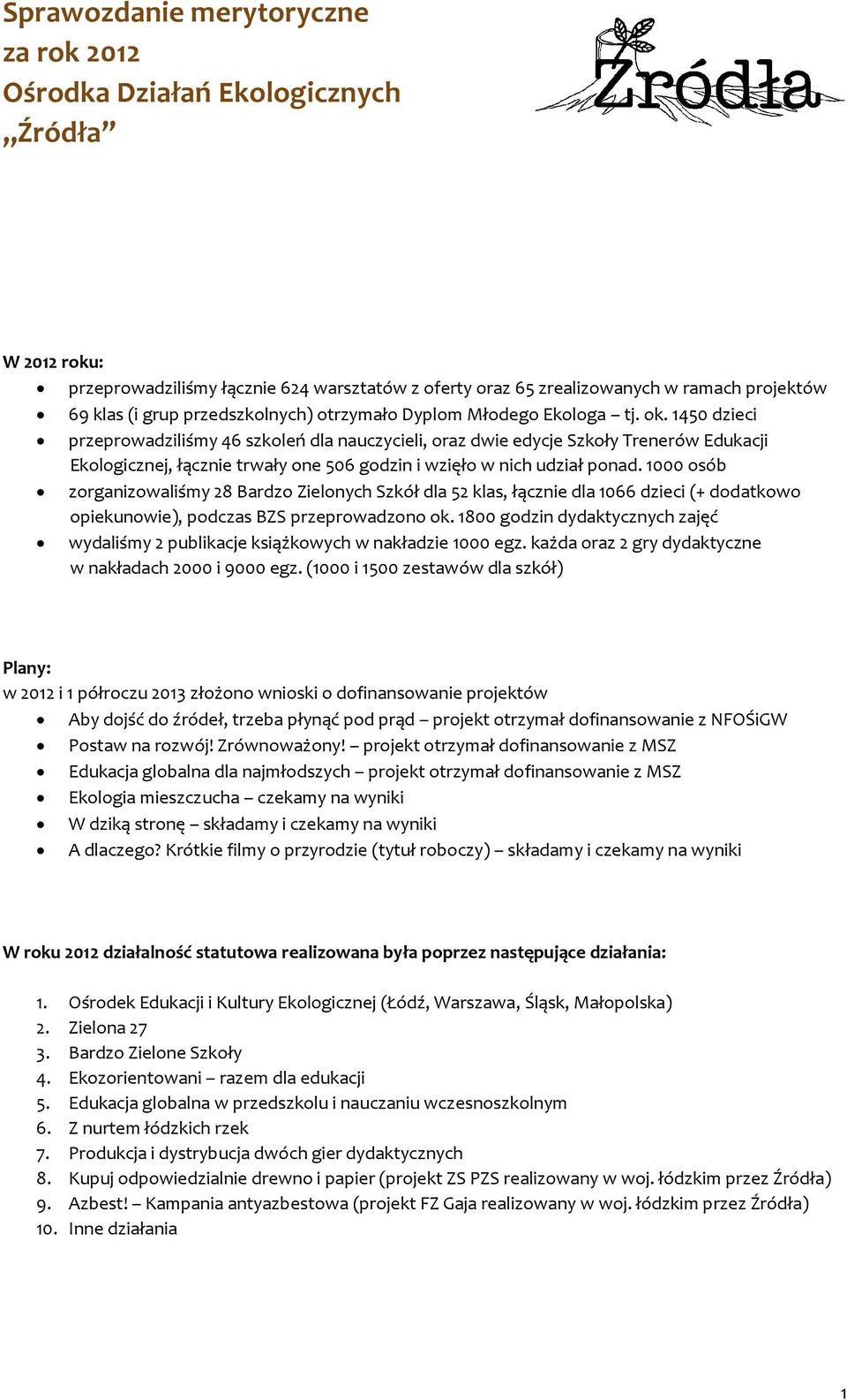 1450 dzieci przeprowadziliśmy 46 szkoleń dla nauczycieli, oraz dwie edycje Szkoły Trenerów Edukacji Ekologicznej, łącznie trwały one 506 godzin i wzięło w nich udział ponad.