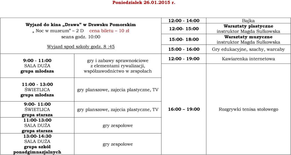 godz. 10:00 Wyjazd spod szkoły godz.