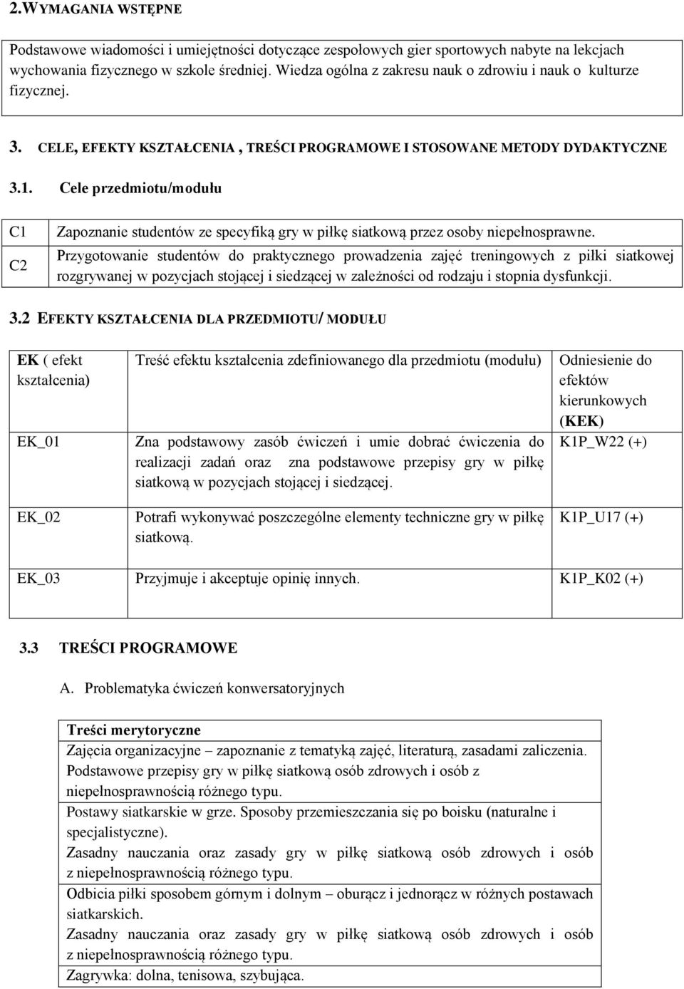 Cele przedmiotu/modułu C1 C2 Zapoznanie studentów ze specyfiką gry w piłkę siatkową przez osoby niepełnosprawne.