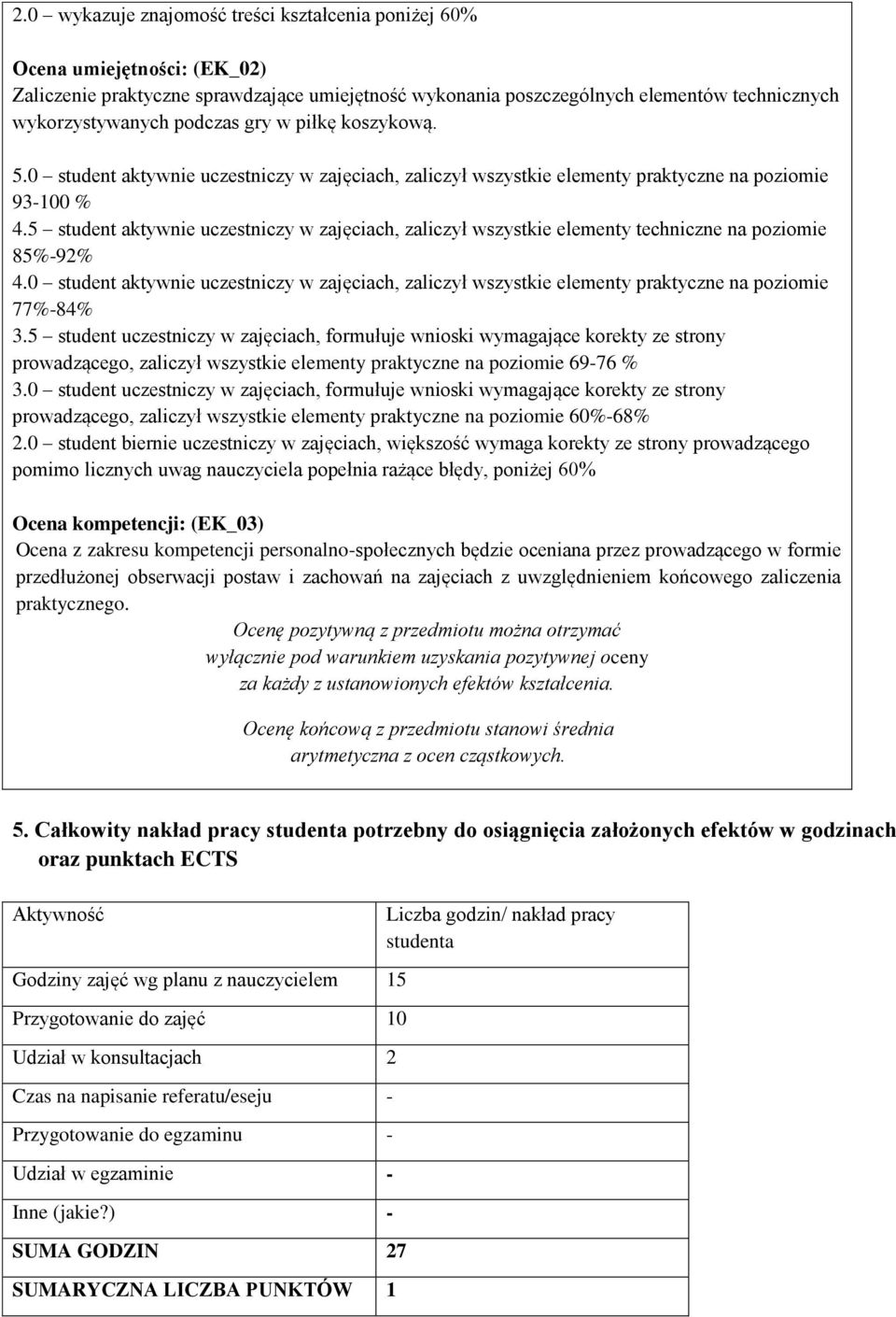 5 student aktywnie uczestniczy w zajęciach, zaliczył wszystkie elementy techniczne na poziomie 85%-92% 4.