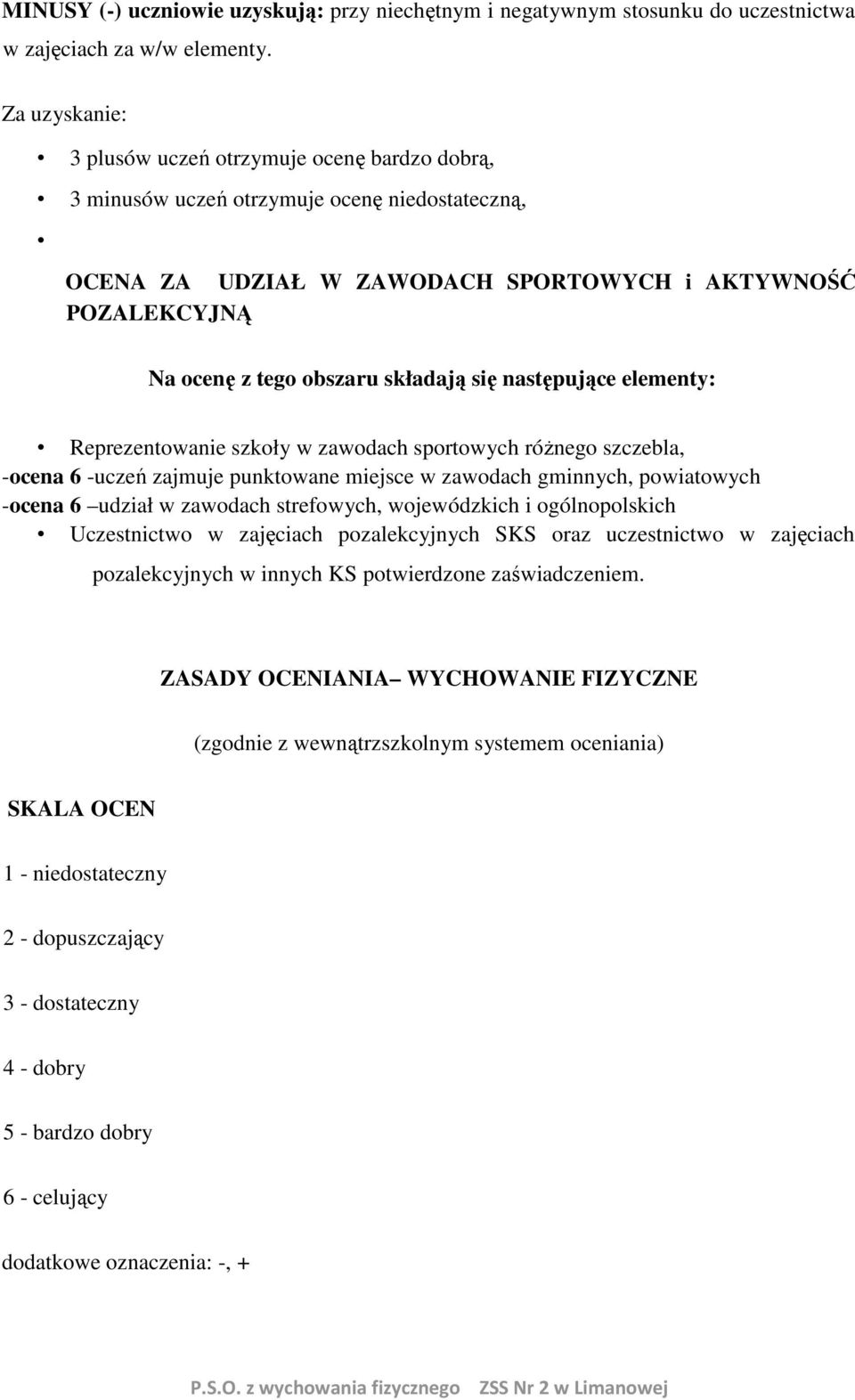 składają się następujące elementy: Reprezentowanie szkoły w zawodach sportowych różnego szczebla, -ocena 6 -uczeń zajmuje punktowane miejsce w zawodach gminnych, powiatowych -ocena 6 udział w