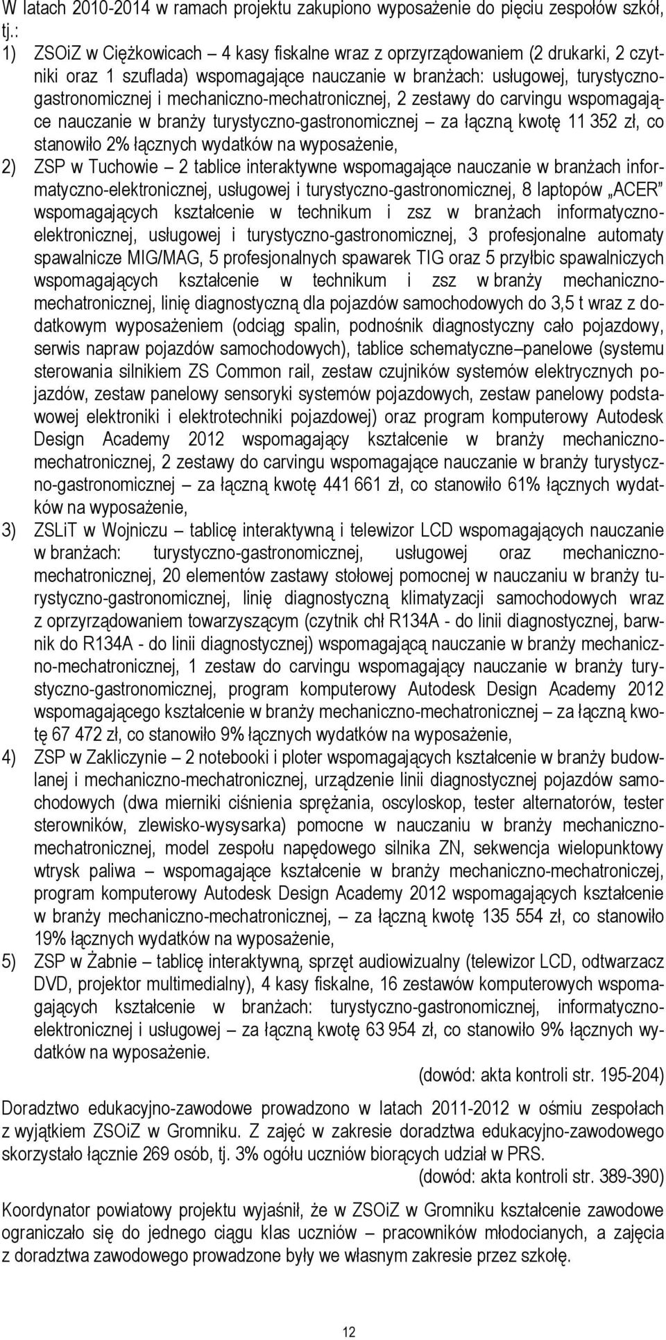 mechaniczno-mechatronicznej, 2 zestawy do carvingu wspomagające nauczanie w branży turystyczno-gastronomicznej za łączną kwotę 11 352 zł, co stanowiło 2% łącznych wydatków na wyposażenie, 2) ZSP w
