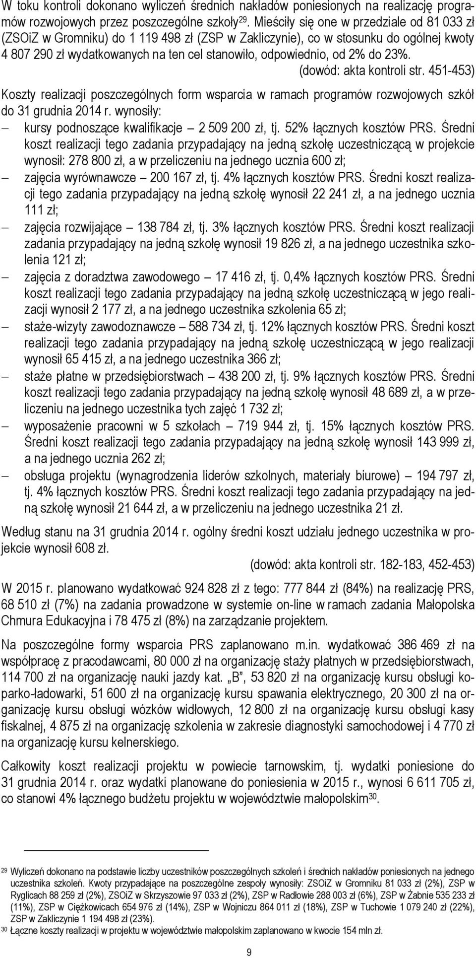 do 23%. (dowód: akta kontroli str. 451-453) Koszty realizacji poszczególnych form wsparcia w ramach programów rozwojowych szkół do 31 grudnia 2014 r.