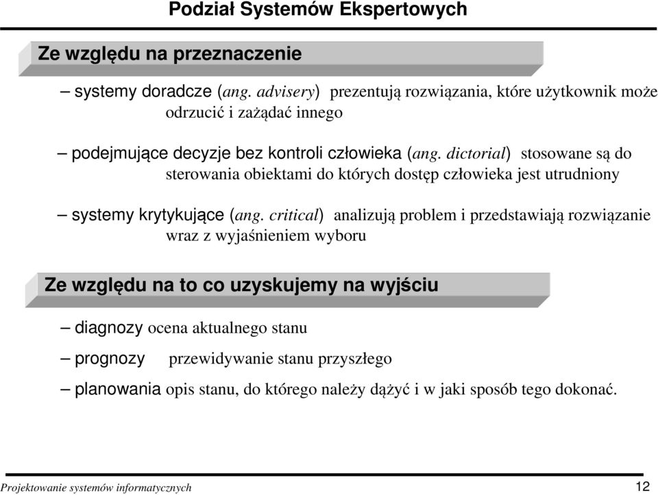 dictorial) stosowane są do sterowania obiektami do których dostęp człowieka jest utrudniony systemy krytykujące (ang.