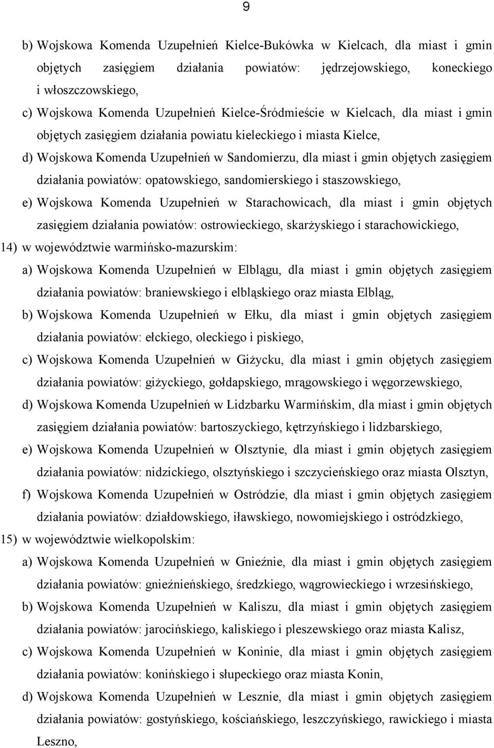 działania powiatów: opatowskiego, sandomierskiego i staszowskiego, e) Wojskowa Komenda Uzupełnień w Starachowicach, dla miast i gmin objętych zasięgiem działania powiatów: ostrowieckiego,