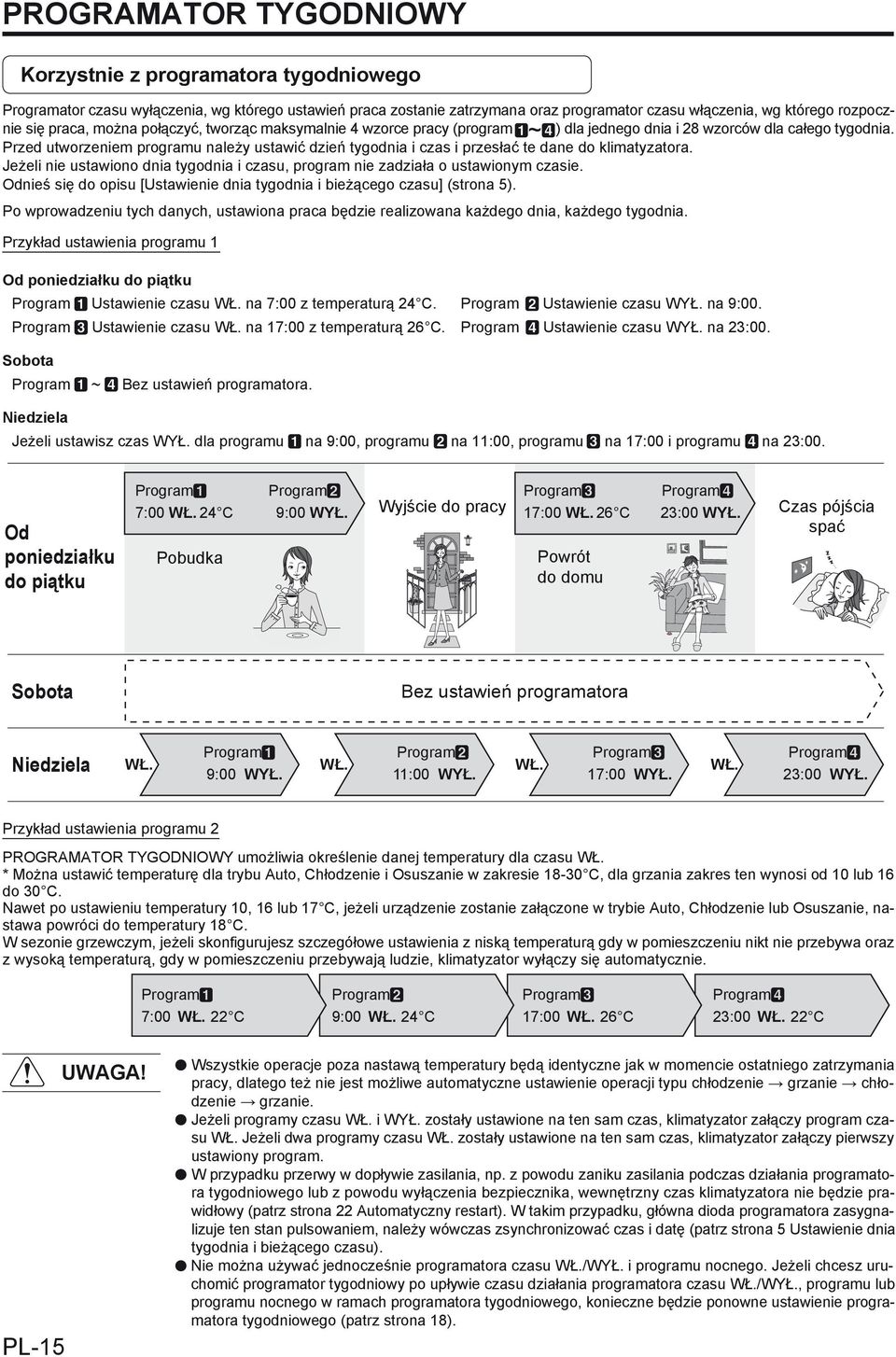 Przed utworzeniem programu należy ustawić dzień tygodnia i czas i przesłać te dane do klimatyzatora. Jeżeli nie ustawiono dnia tygodnia i czasu, program nie zadziała o ustawionym czasie.