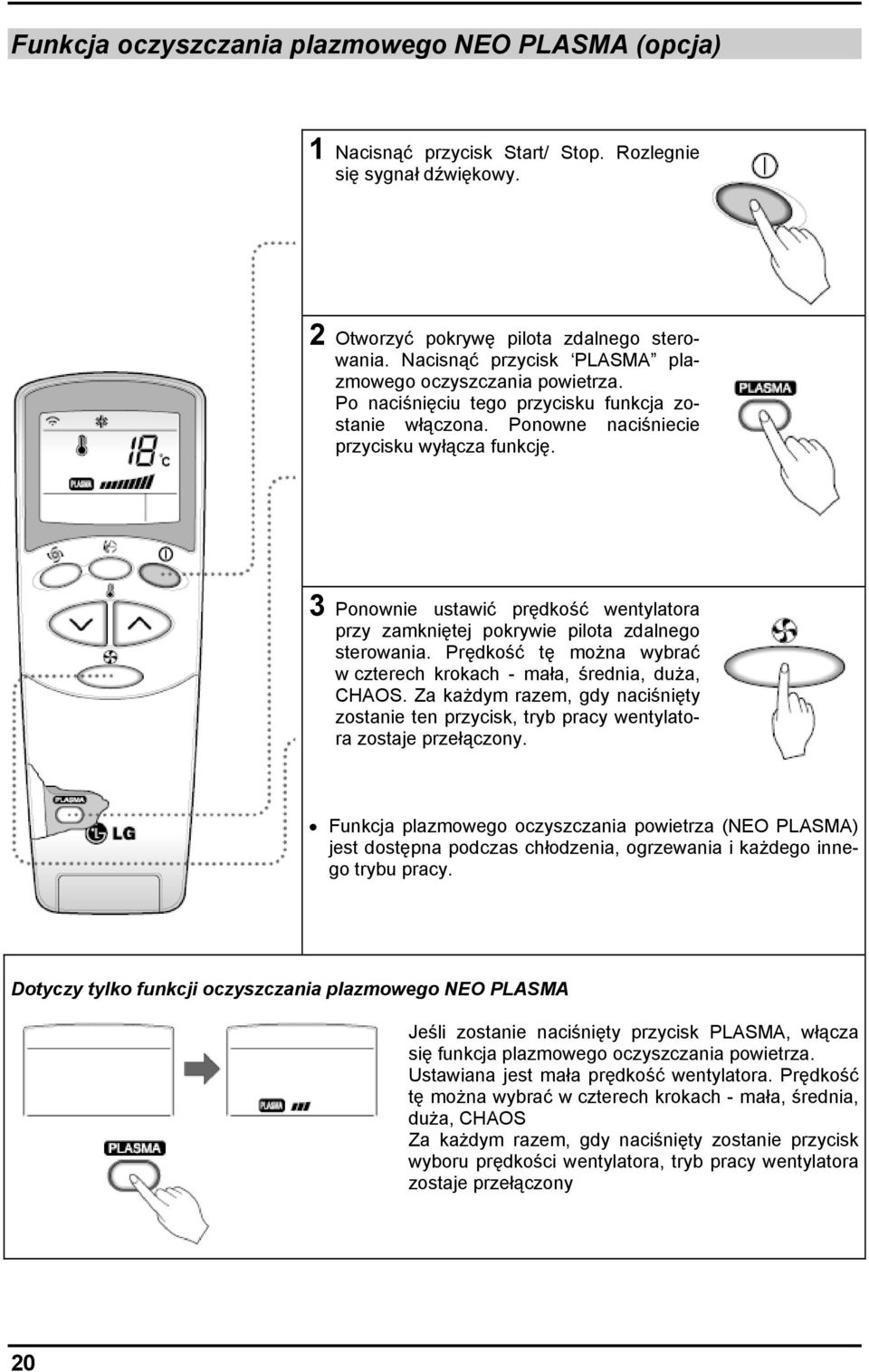 3 Ponownie ustawić prędkość wentylatora przy zamkniętej pokrywie pilota zdalnego sterowania. Prędkość tę można wybrać w czterech krokach - mała, średnia, duża, CHAOS.