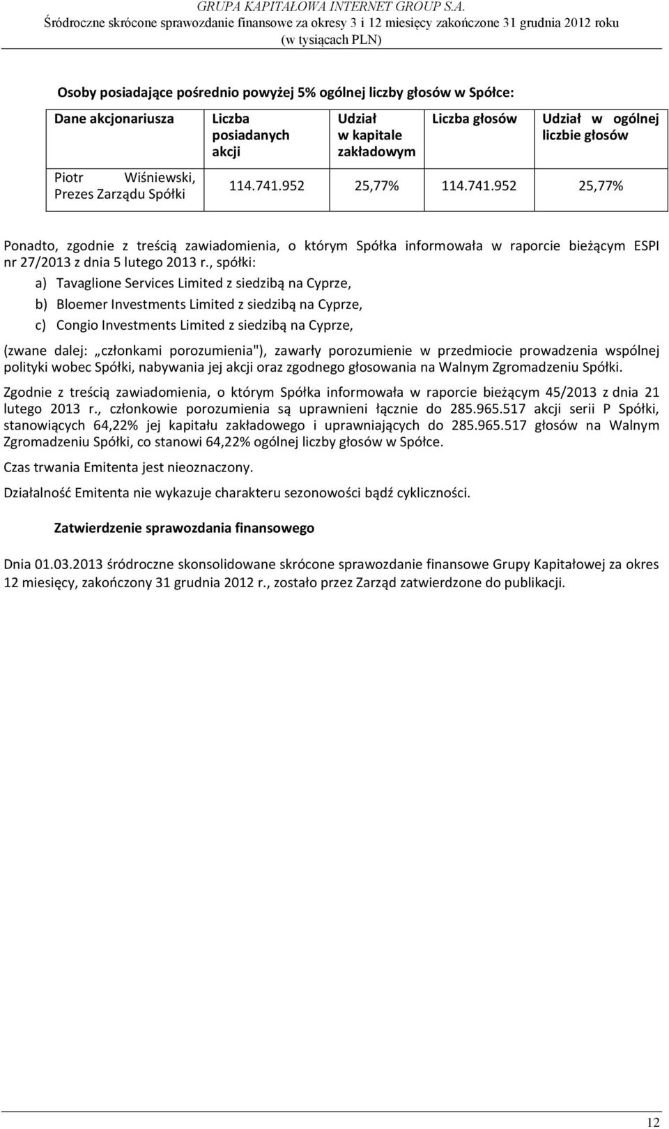 , spółki: a) Tavaglione Services Limited z siedzibą na Cyprze, b) Bloemer Investments Limited z siedzibą na Cyprze, c) Congio Investments Limited z siedzibą na Cyprze, (zwane dalej: członkami