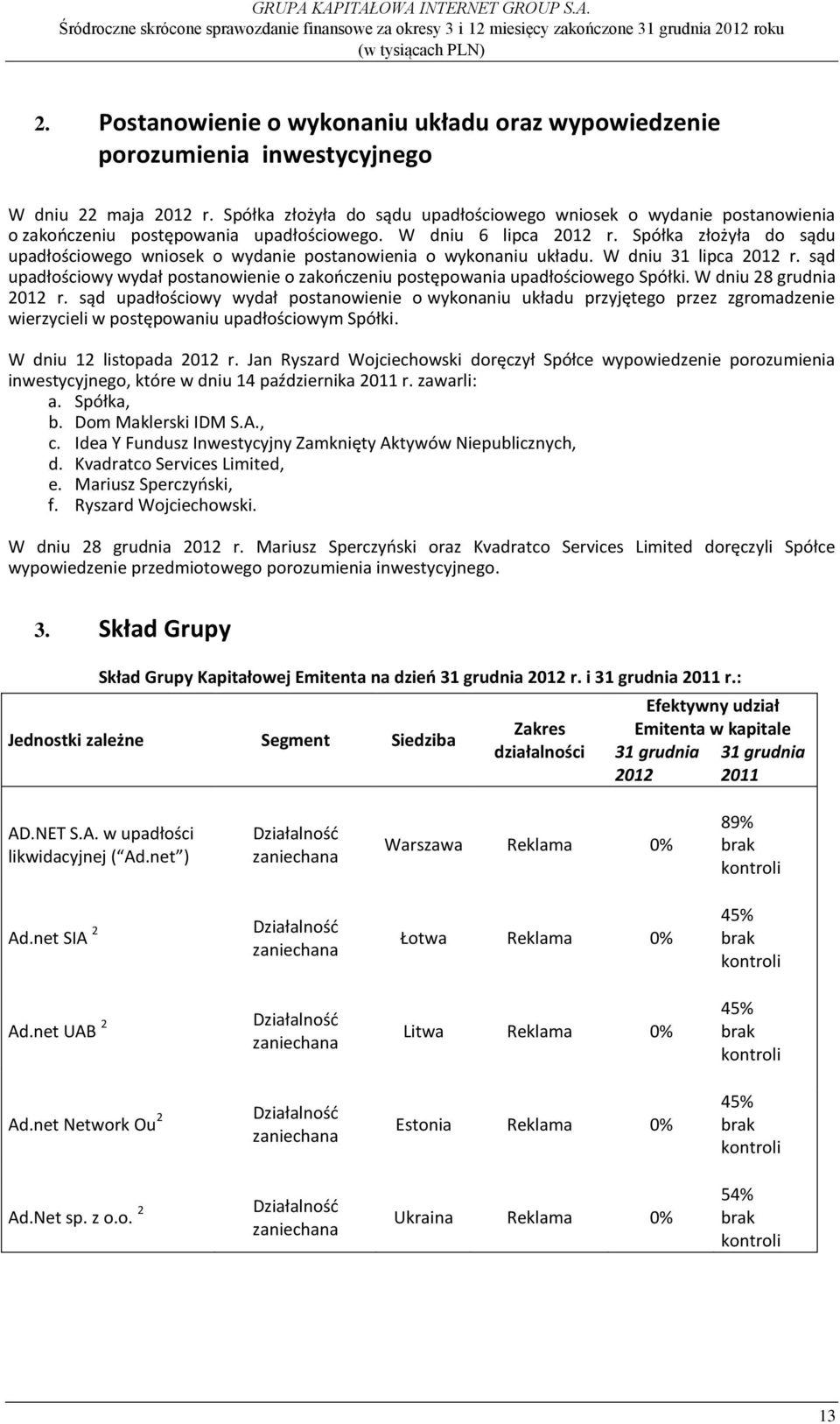 Spółka złożyła do sądu upadłościowego wniosek o wydanie postanowienia o wykonaniu układu. W dniu 31 lipca 2012 r. sąd upadłościowy wydał postanowienie o zakończeniu postępowania upadłościowego Spółki.