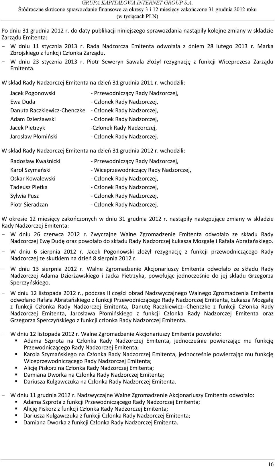 Piotr Seweryn Sawala złożył rezygnację z funkcji Wiceprezesa Zarządu Emitenta. W skład Rady Nadzorczej Emitenta na dzień 31 grudnia 2011 r.