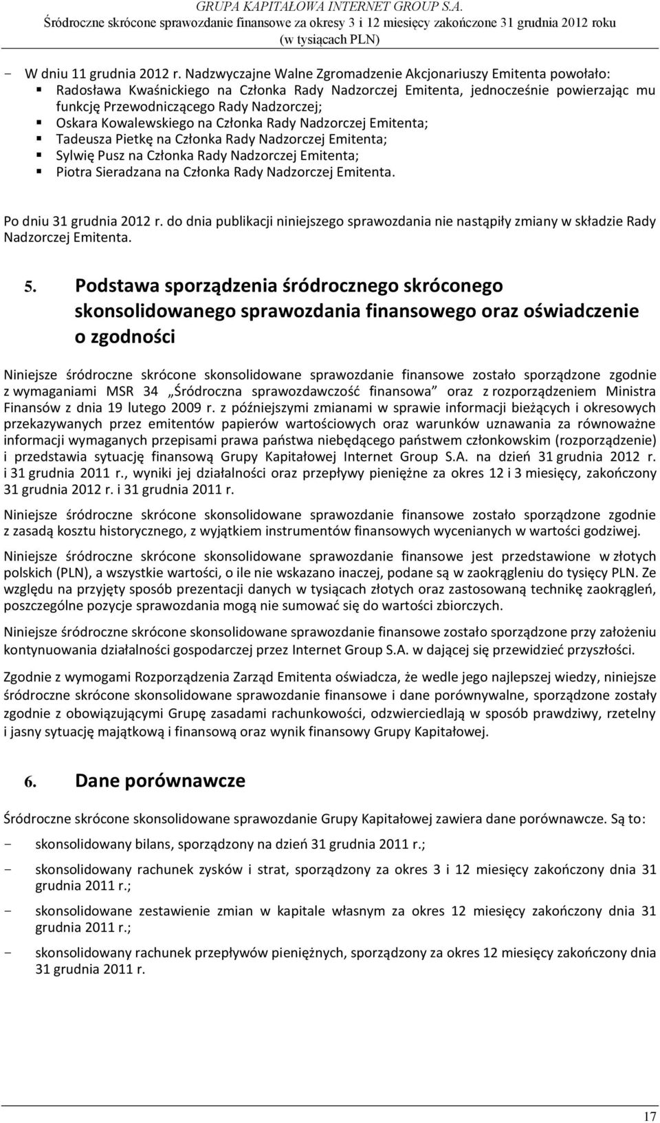 Oskara Kowalewskiego na Członka Rady Nadzorczej Emitenta; Tadeusza Pietkę na Członka Rady Nadzorczej Emitenta; Sylwię Pusz na Członka Rady Nadzorczej Emitenta; Piotra Sieradzana na Członka Rady