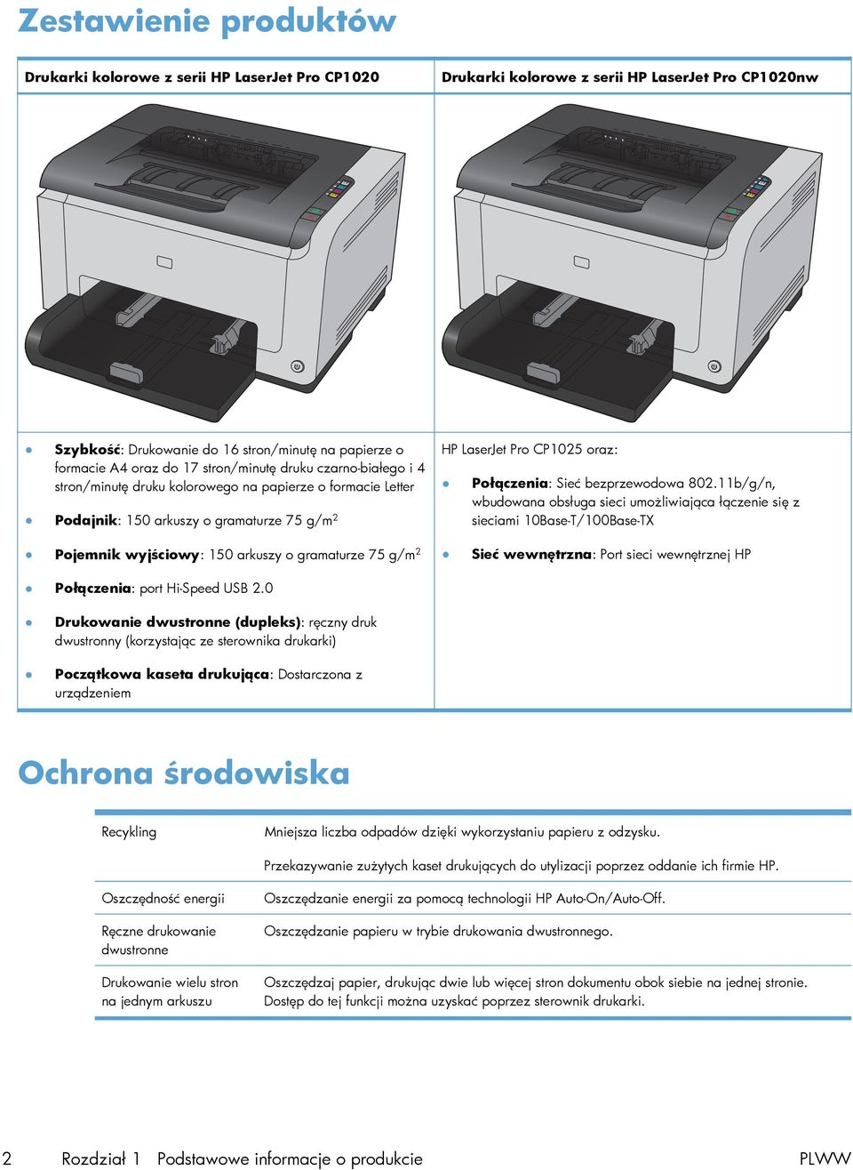 bezprzewodowa 802.11b/g/n, wbudowana obsługa sieci umożliwiająca łączenie się z sieciami 10Base-T/100Base-TX Pojemnik wyjściowy: 150 arkuszy o gramaturze 75 g/m 2 Połączenia: port Hi-Speed USB 2.