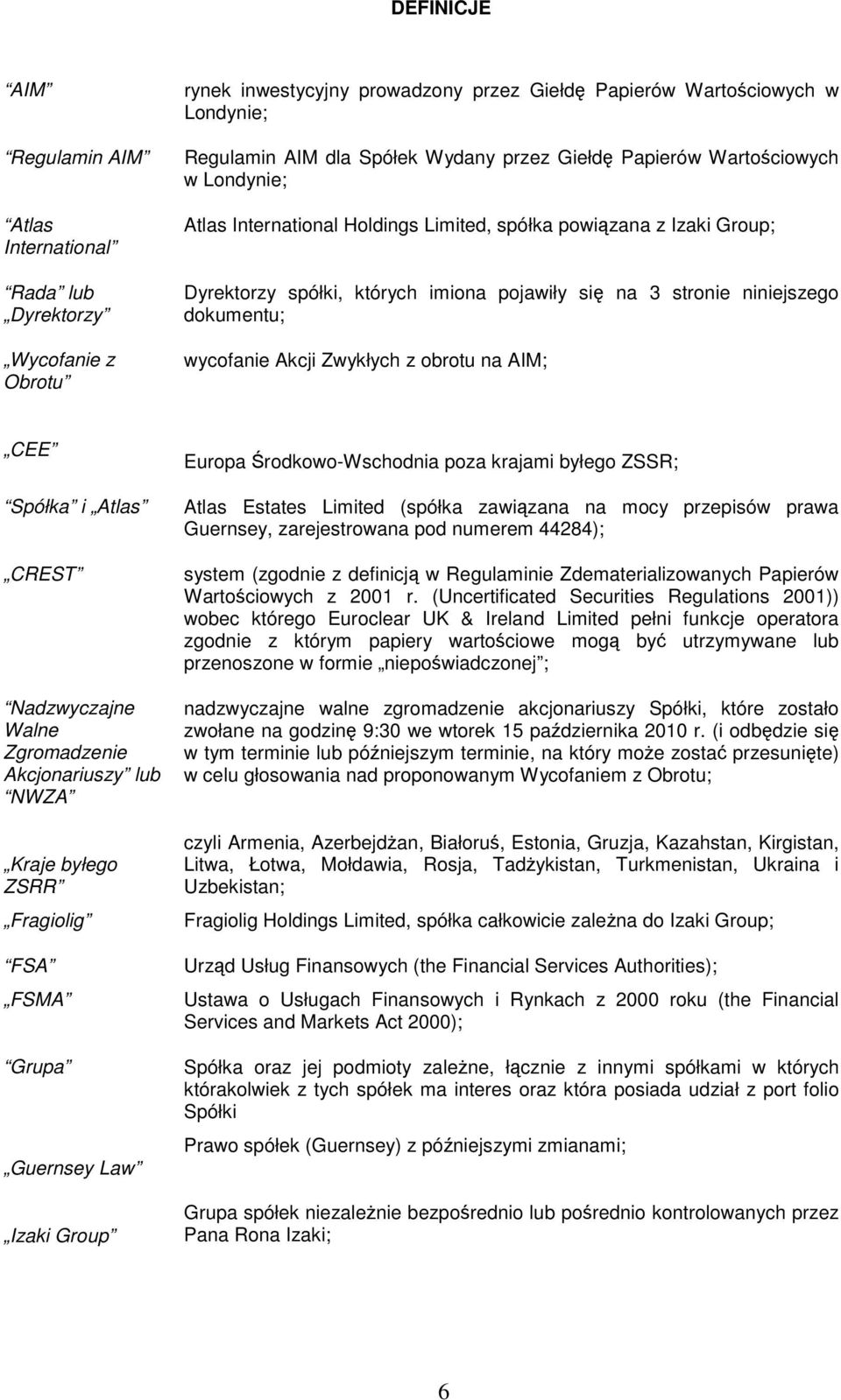 dokumentu; wycofanie Akcji Zwykłych z obrotu na AIM; CEE Spółka i Atlas CREST Nadzwyczajne Walne Zgromadzenie Akcjonariuszy lub NWZA Kraje byłego ZSRR Fragiolig FSA FSMA Grupa Guernsey Law Izaki