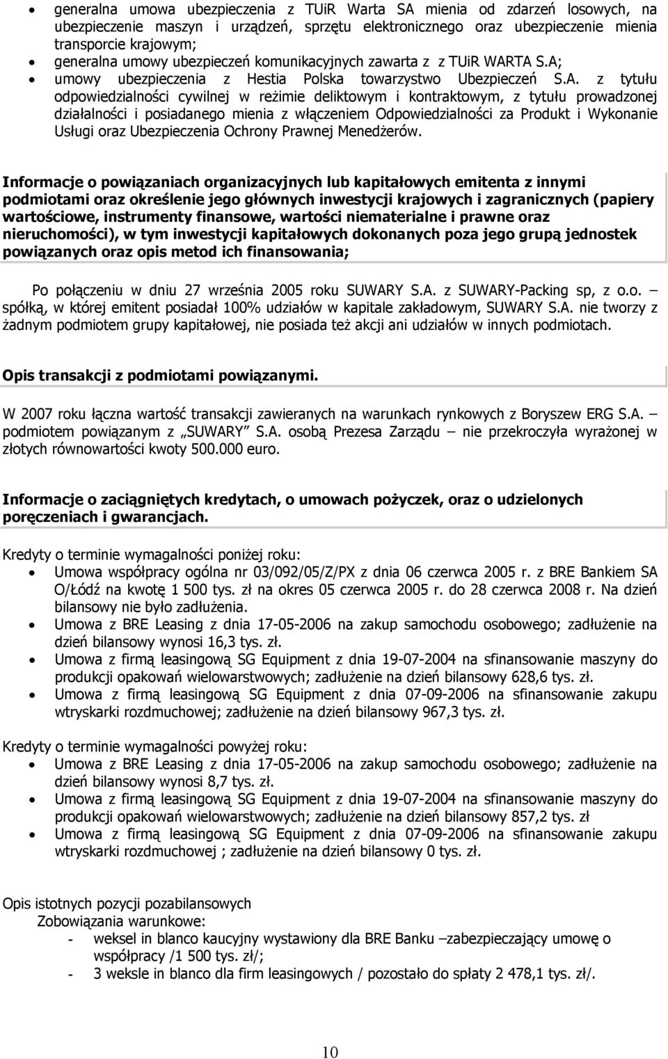 TA S.A; umowy ubezpieczenia z Hestia Polska towarzystwo Ubezpieczeń S.A. z tytułu odpowiedzialności cywilnej w reżimie deliktowym i kontraktowym, z tytułu prowadzonej działalności i posiadanego