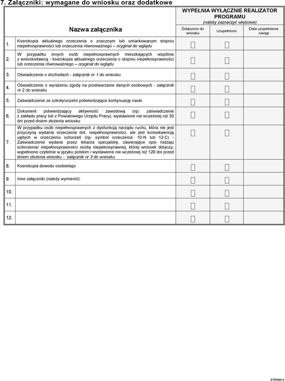 umiarkowanym stopniu niepełnosprawności lub orzeczenia równoważnego oryginał do wglądu W przypadku innych osób niepełnosprawnych mieszkających wspólnie z wnioskodawcą - kserokopia aktualnego