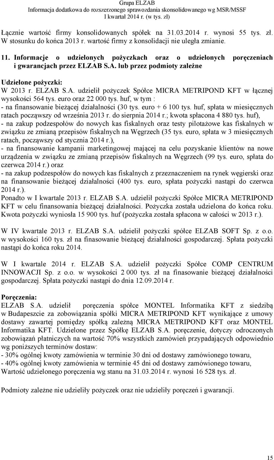 euro oraz 22 000 tys. huf, w tym : - na finansowanie bieżącej działalności (30 tys. euro + 6 100 tys. huf, spłata w miesięcznych ratach począwszy od września 2013 r. do sierpnia 2014 r.