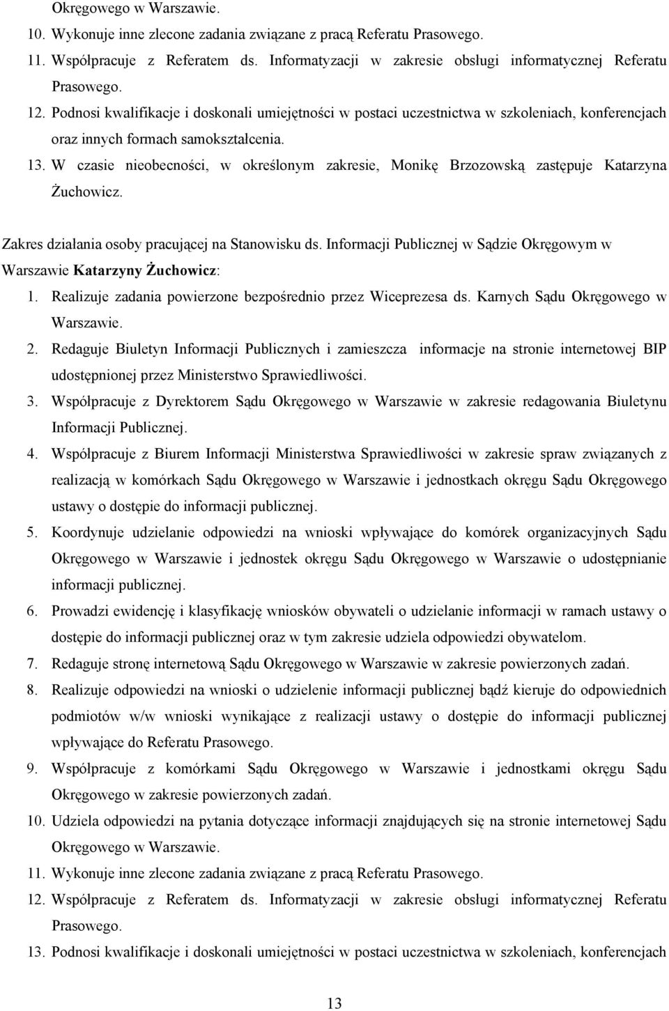 W czasie nieobecności, w określonym zakresie, Monikę Brzozowską zastępuje Katarzyna Żuchowicz. Zakres działania osoby pracującej na Stanowisku ds.