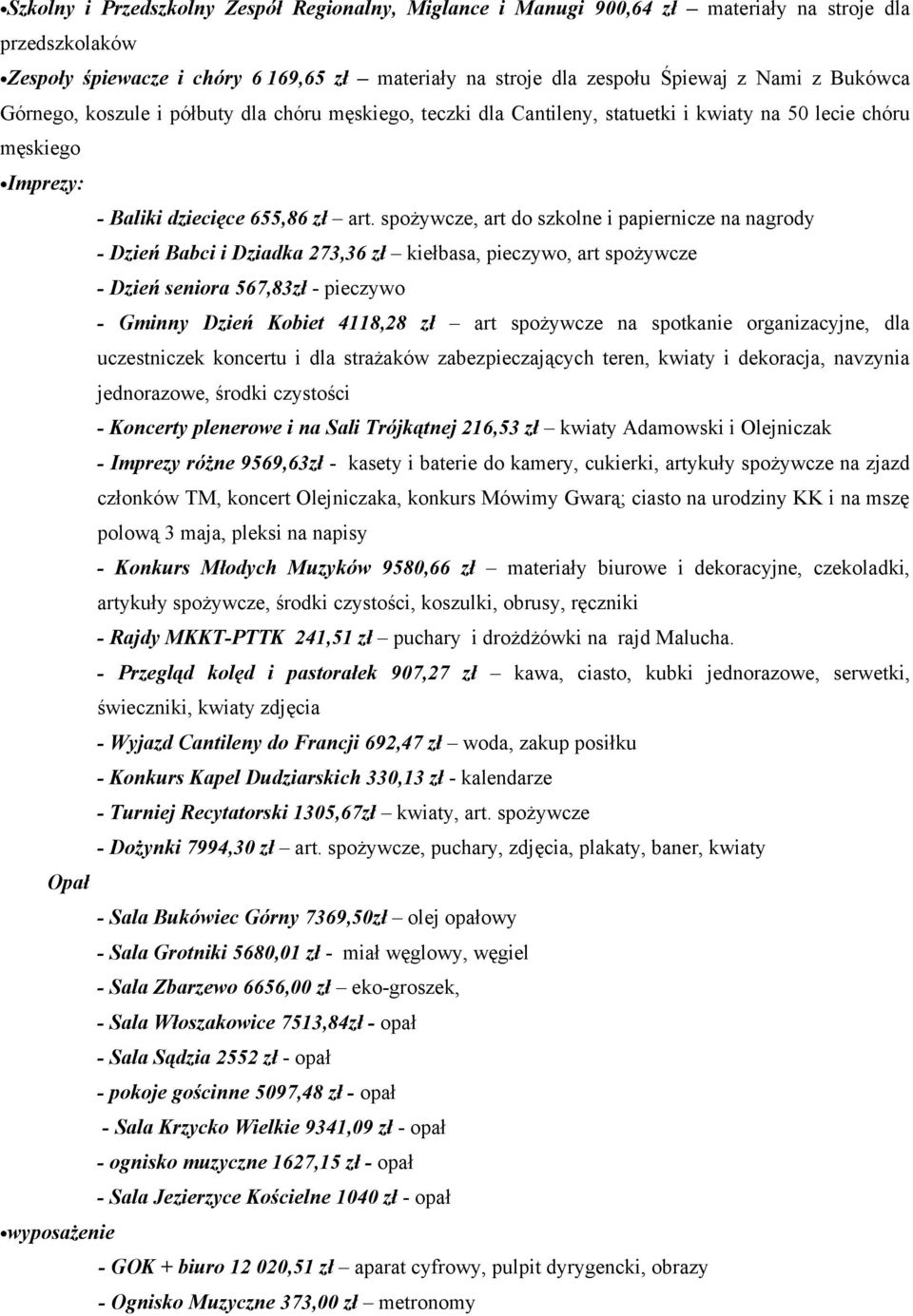 spożywcze, art do szkolne i papiernicze na nagrody Dzień Babci i Dziadka 273,36 zł kiełbasa, pieczywo, art spożywcze Dzień seniora 567,83zł pieczywo Gminny Dzień Kobiet 4118,28 zł art spożywcze na