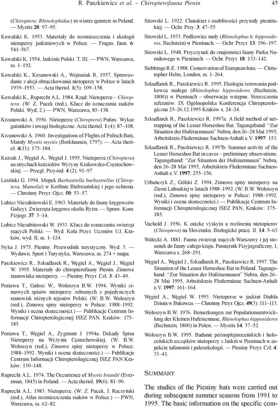 957. Sprawozdanie z akcji obrączkowania nietoperzy w Polsce w latach 939953. Acta theriol. (5): 0958. Kowalski K., Ruprecht A.L. 984. Rząd: Nietoperze Chiroptera. (W: Z. Pucek (red.