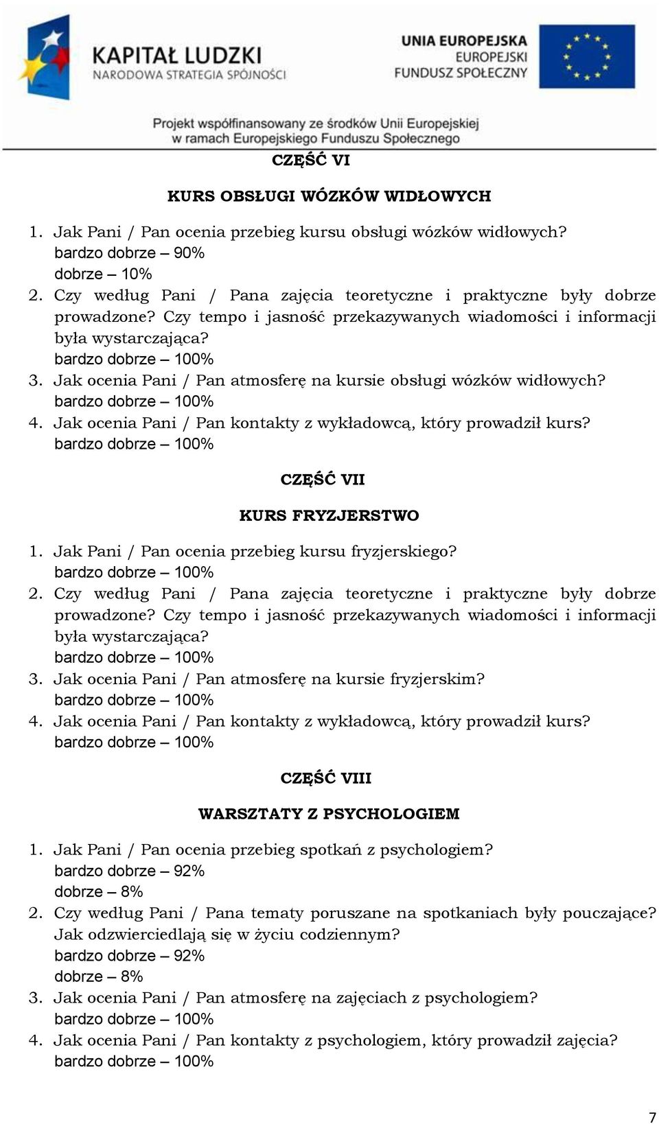 Jak Pani / Pan ocenia przebieg kursu fryzjerskiego? 3. Jak ocenia Pani / Pan atmosferę na kursie fryzjerskim? 4. Jak ocenia Pani / Pan kontakty z wykładowcą, który prowadził kurs?