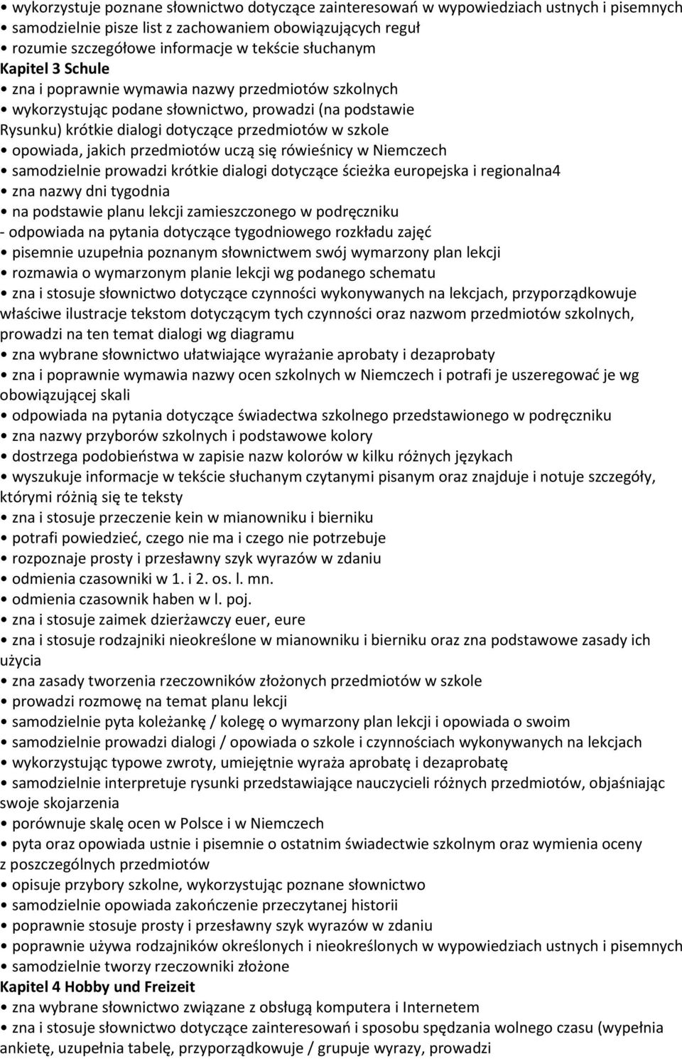 opowiada, jakich przedmiotów uczą się rówieśnicy w Niemczech samodzielnie prowadzi krótkie dialogi dotyczące ścieżka europejska i regionalna4 zna nazwy dni tygodnia na podstawie planu lekcji