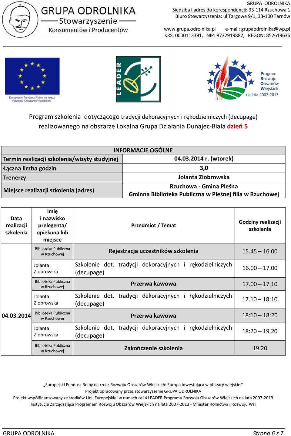 2014 r. (wtorek) Łączna liczba godzin 3,0 Miejsce (adres) Gminna w Pleśnej filia 04.03.