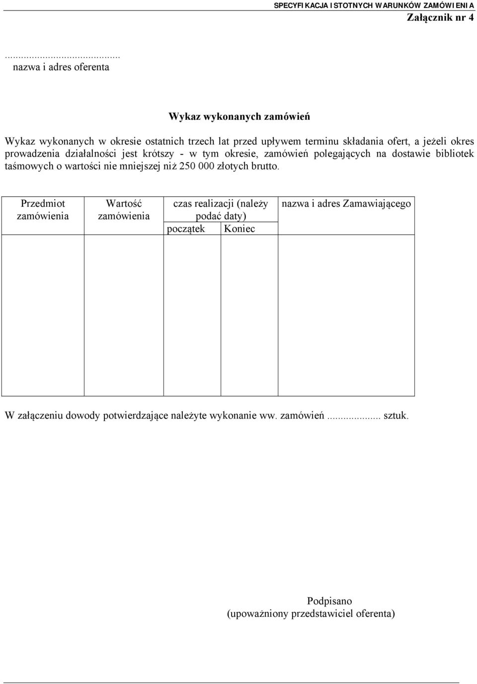 jeżeli okres prowadzenia działalności jest krótszy - w tym okresie, zamówień polegających na dostawie bibliotek taśmowych o wartości nie