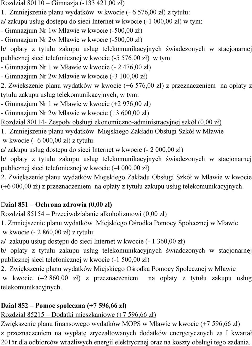 2w Mławie w kwocie (-500,00 zł) publicznej sieci telefonicznej w kwocie (-5 576,00 zł) w tym: - Gimnazjum Nr 1 w Mławie w kwocie (- 2 476,00 zł) - Gimnazjum Nr 2w Mławie w kwocie (-3 100,00 zł) 2.