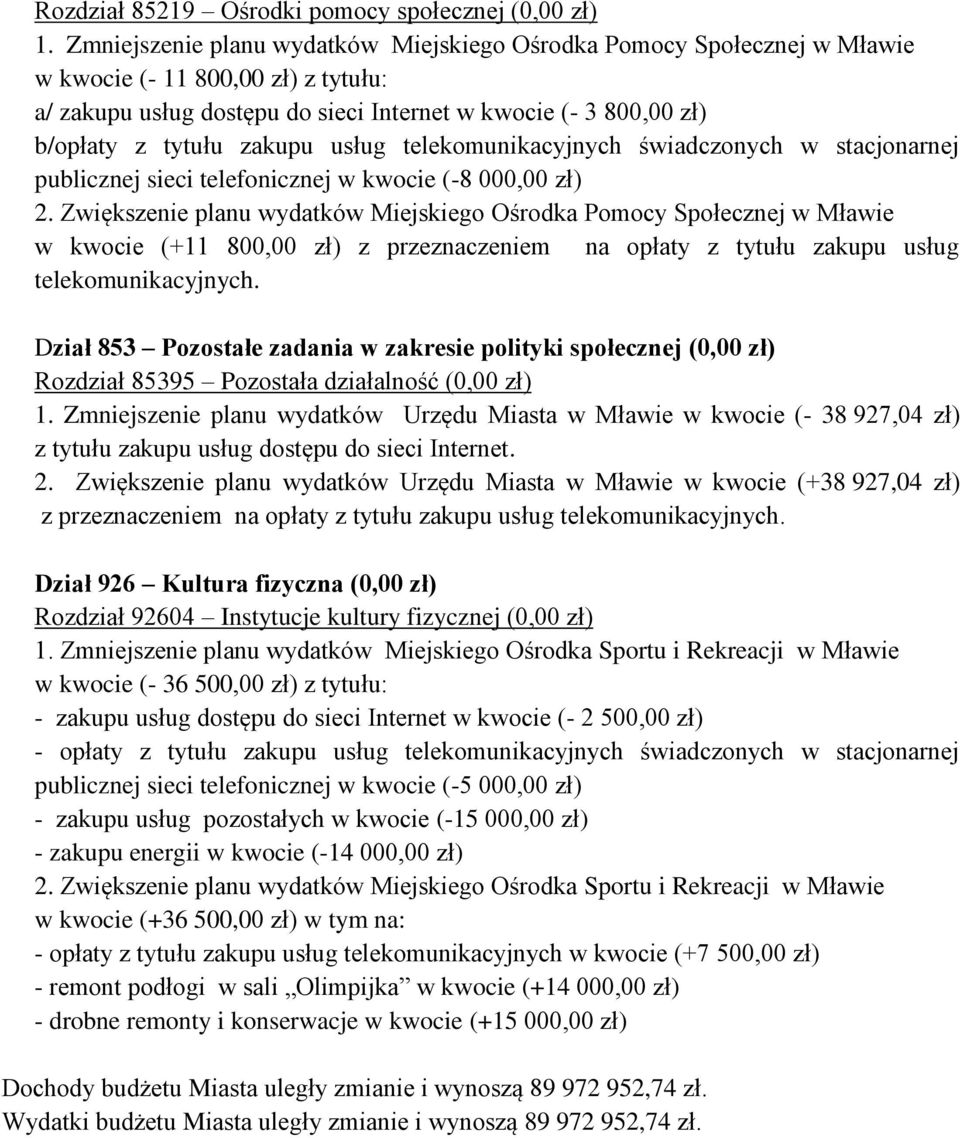 zakupu usług telekomunikacyjnych świadczonych w stacjonarnej publicznej sieci telefonicznej w kwocie (-8 000,00 zł) 2.