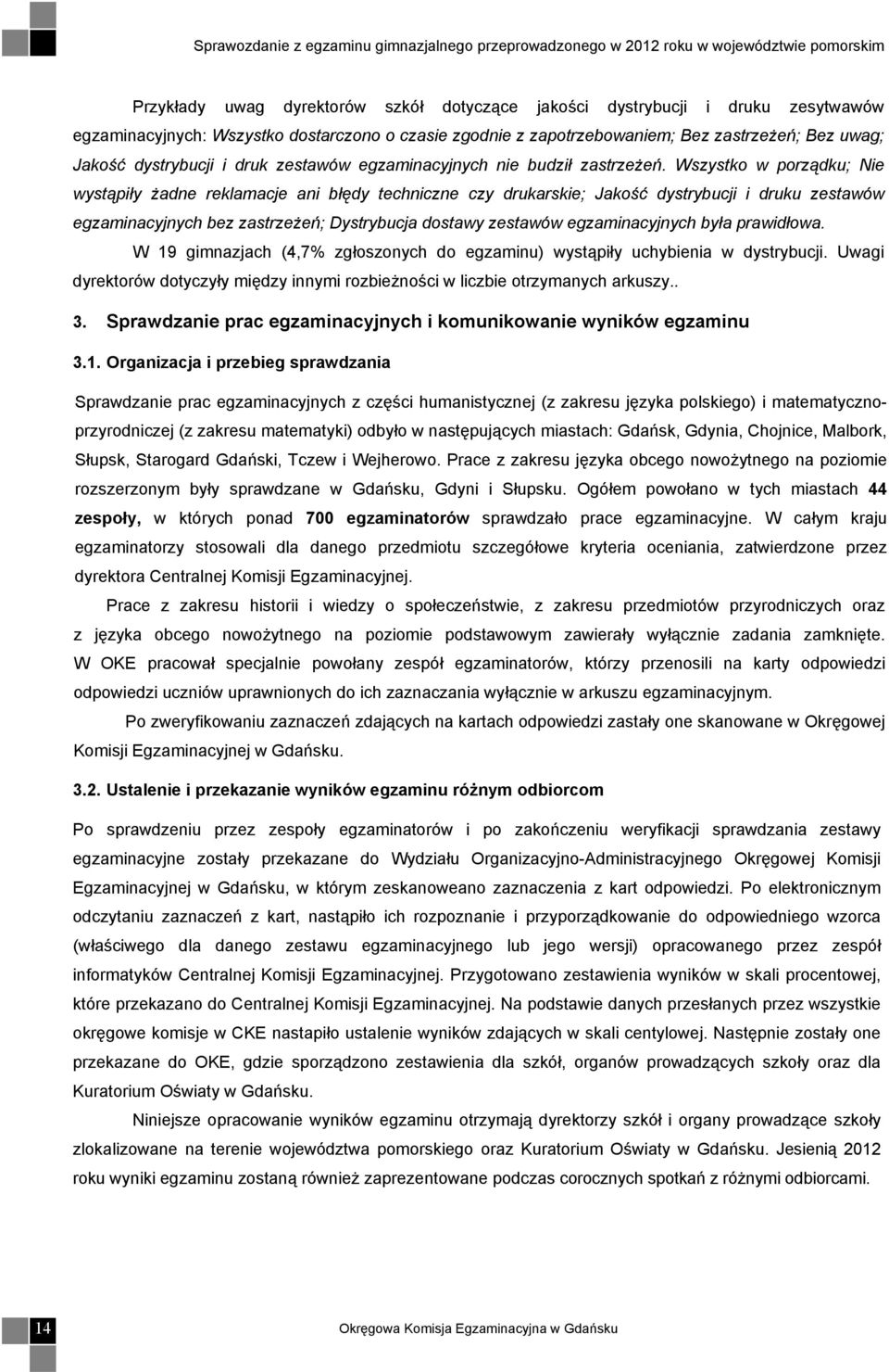 Wszystko w porządku; Nie wystąpiły żadne reklamacje ani błędy techniczne czy drukarskie; Jakość dystrybucji i druku zestawów egzaminacyjnych bez zastrzeżeń; Dystrybucja dostawy zestawów