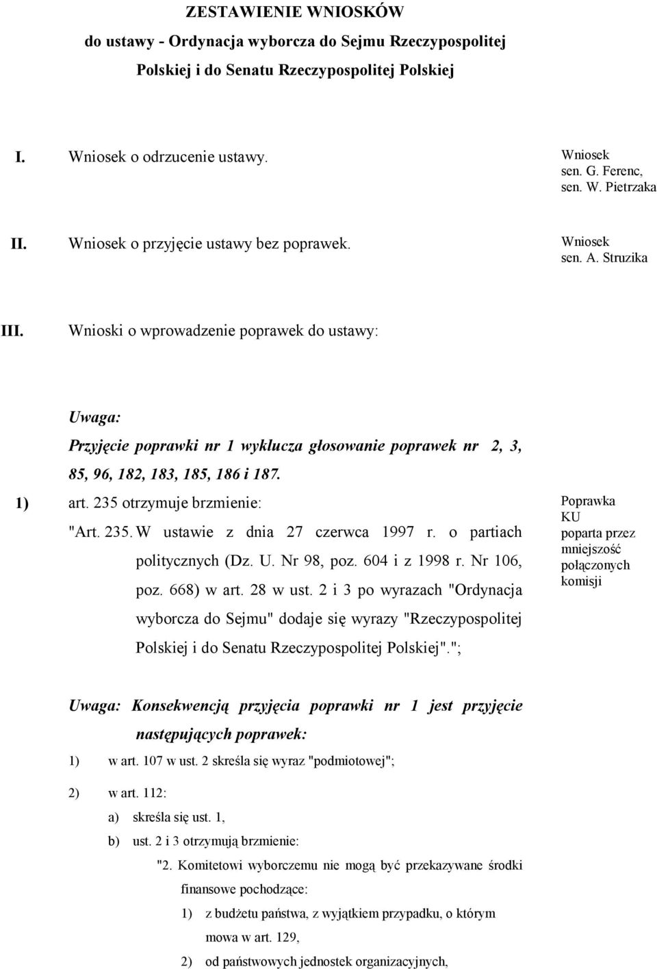 Wnioski o wprowadzenie poprawek do ustawy: Uwaga: Przyjęcie poprawki nr 1 wyklucza głosowanie poprawek nr 2, 3, 85, 96, 182, 183, 185, 186 i 187. 1) art. 235 otrzymuje brzmienie: "Art. 235. W ustawie z dnia 27 czerwca 1997 r.