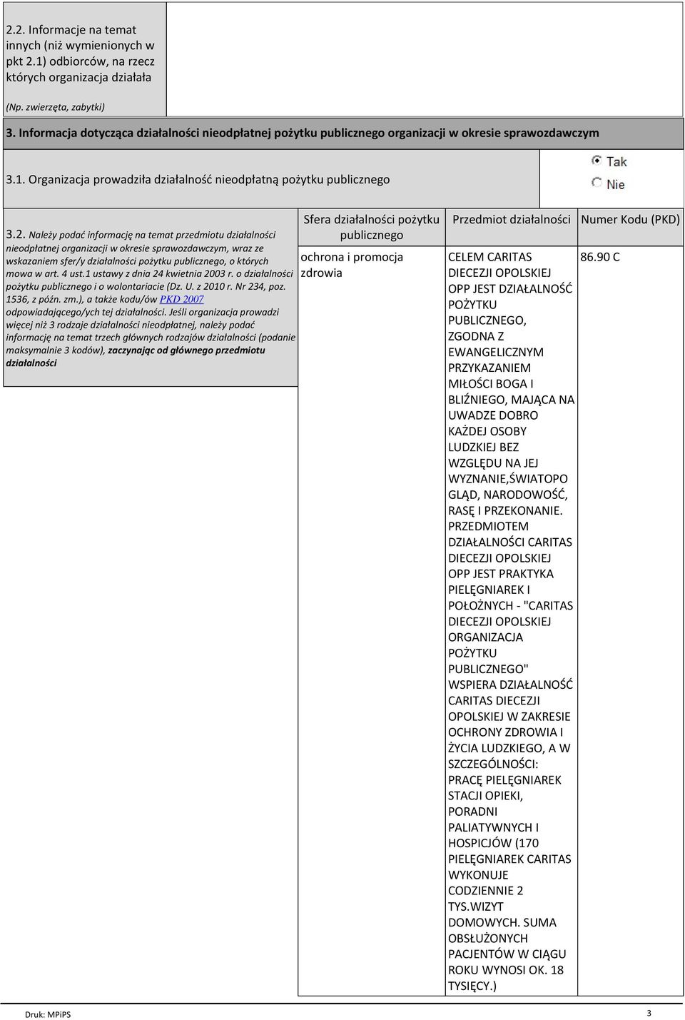 Należy podać informację na temat przedmiotu działalności nieodpłatnej organizacji w okresie sprawozdawczym, wraz ze wskazaniem sfer/y działalności pożytku publicznego, o których mowa w art. 4 ust.