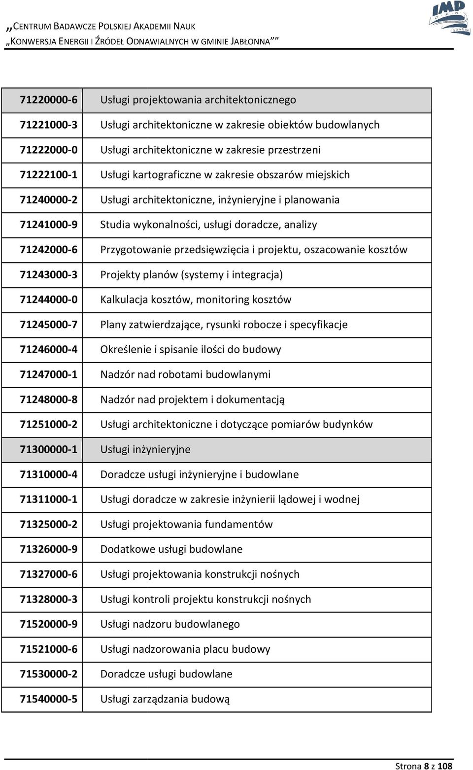 przedsięwzięcia i projektu, oszacowanie kosztów 71243000-3 Projekty planów (systemy i integracja) 71244000-0 Kalkulacja kosztów, monitoring kosztów 71245000-7 Plany zatwierdzające, rysunki robocze i