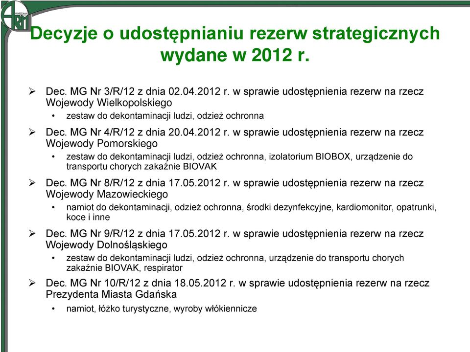 w sprawie udostępnienia rezerw na rzecz Wojewody Pomorskiego zestaw do dekontaminacji ludzi, odzież ochronna, izolatorium BIOBOX, urządzenie do transportu chorych zakaźnie BIOVAK Dec.